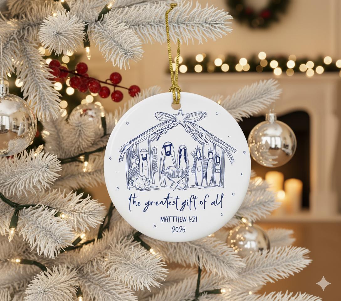 Nativity Ceramic Ornament — Christian Christmas Tree Decoration Matthew 1:21 2025