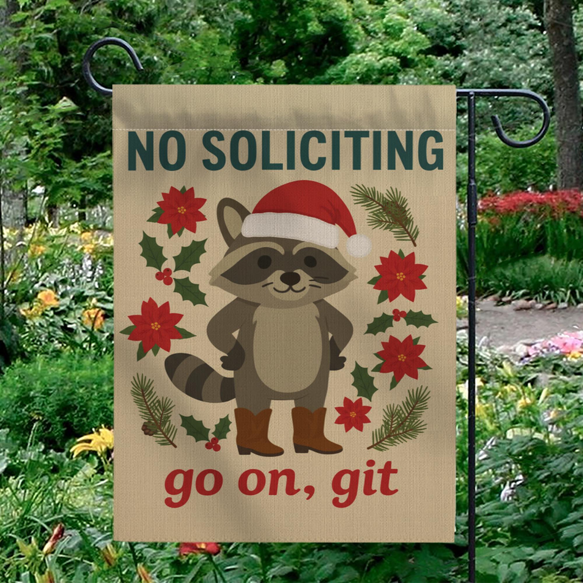 Funny No Soliciting Garden Flag — Raccoon Christmas Outdoor Yard Decoration