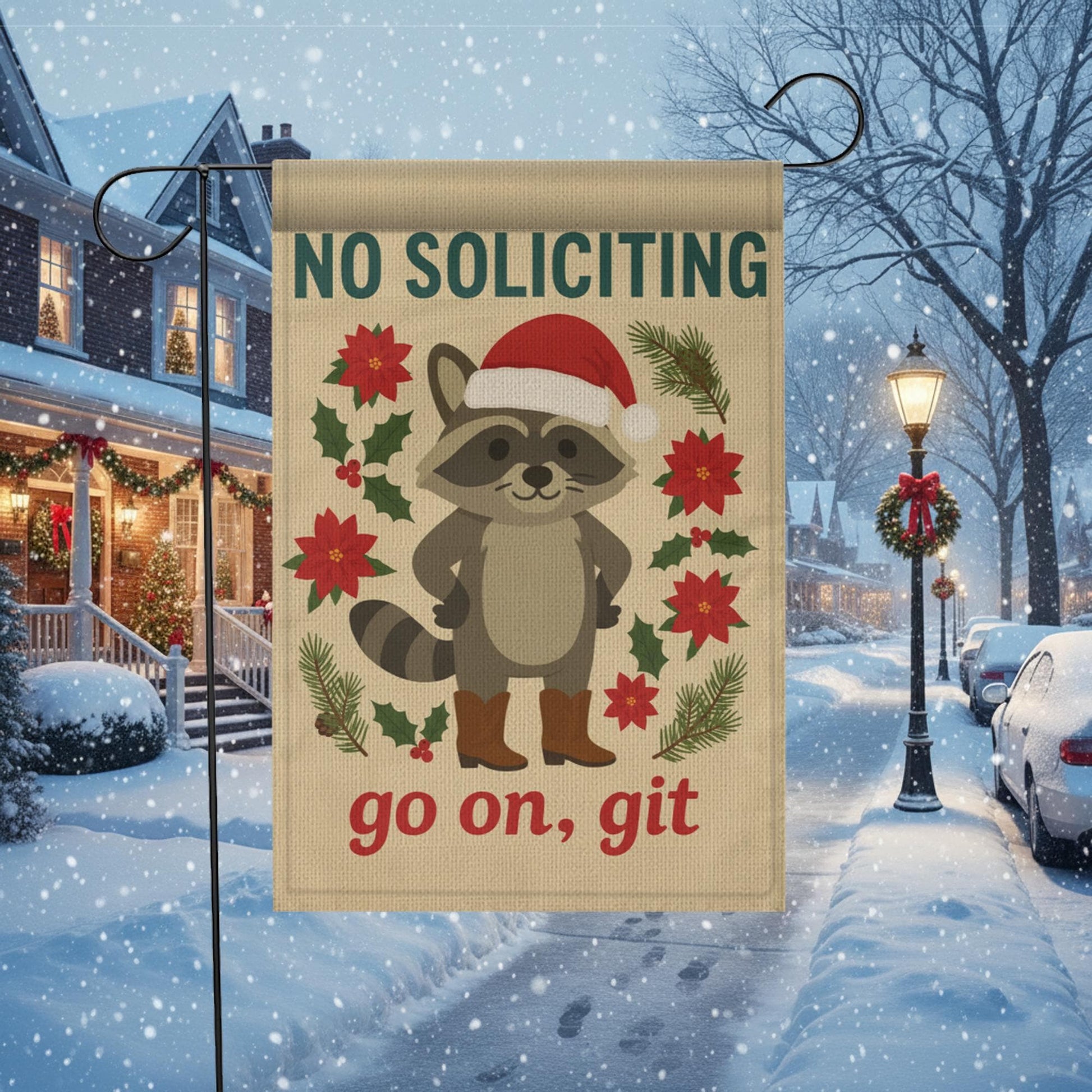 Funny No Soliciting Garden Flag — Raccoon Christmas Outdoor Yard Decoration
