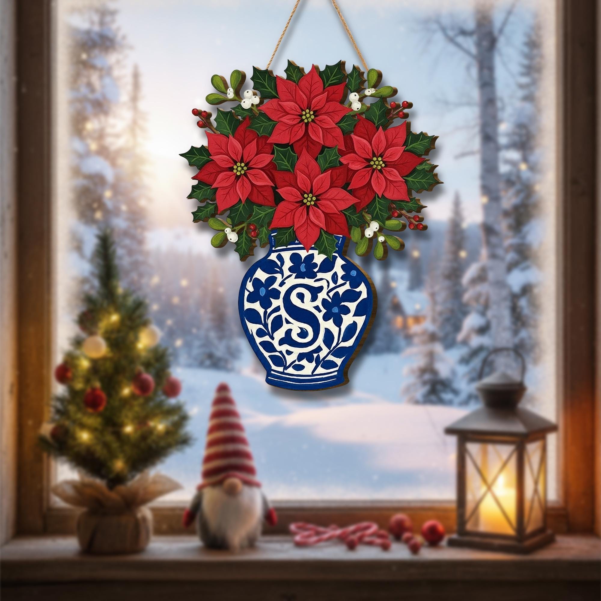 Personalized Poinsettia Wooden Door Sign — Custom Monogram Christmas Wall Hanging