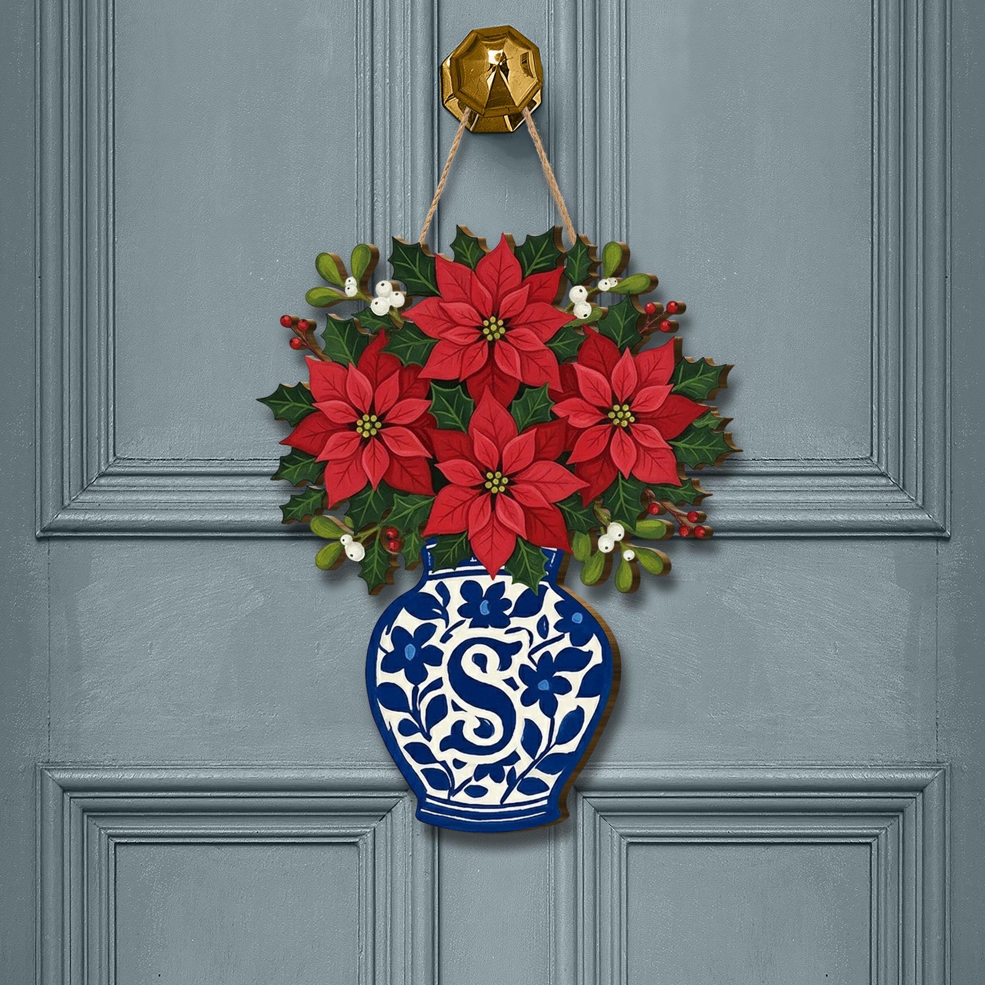 Personalized Poinsettia Wooden Door Sign — Custom Monogram Christmas Wall Hanging
