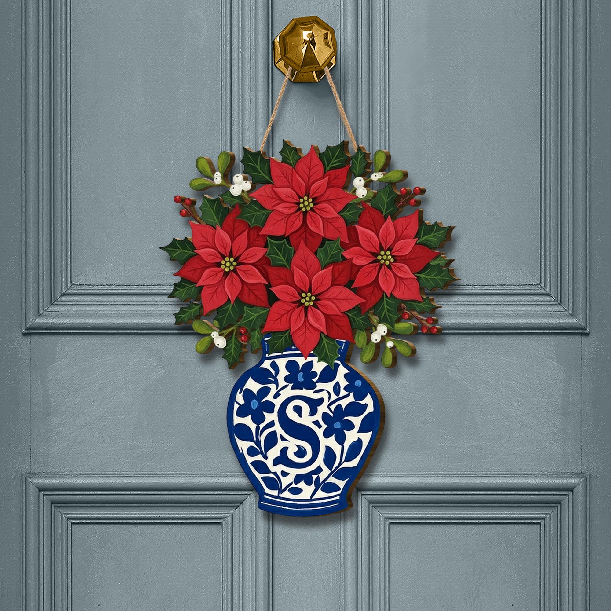 Personalized Poinsettia Wooden Door Sign — Custom Monogram Christmas Wall Hanging