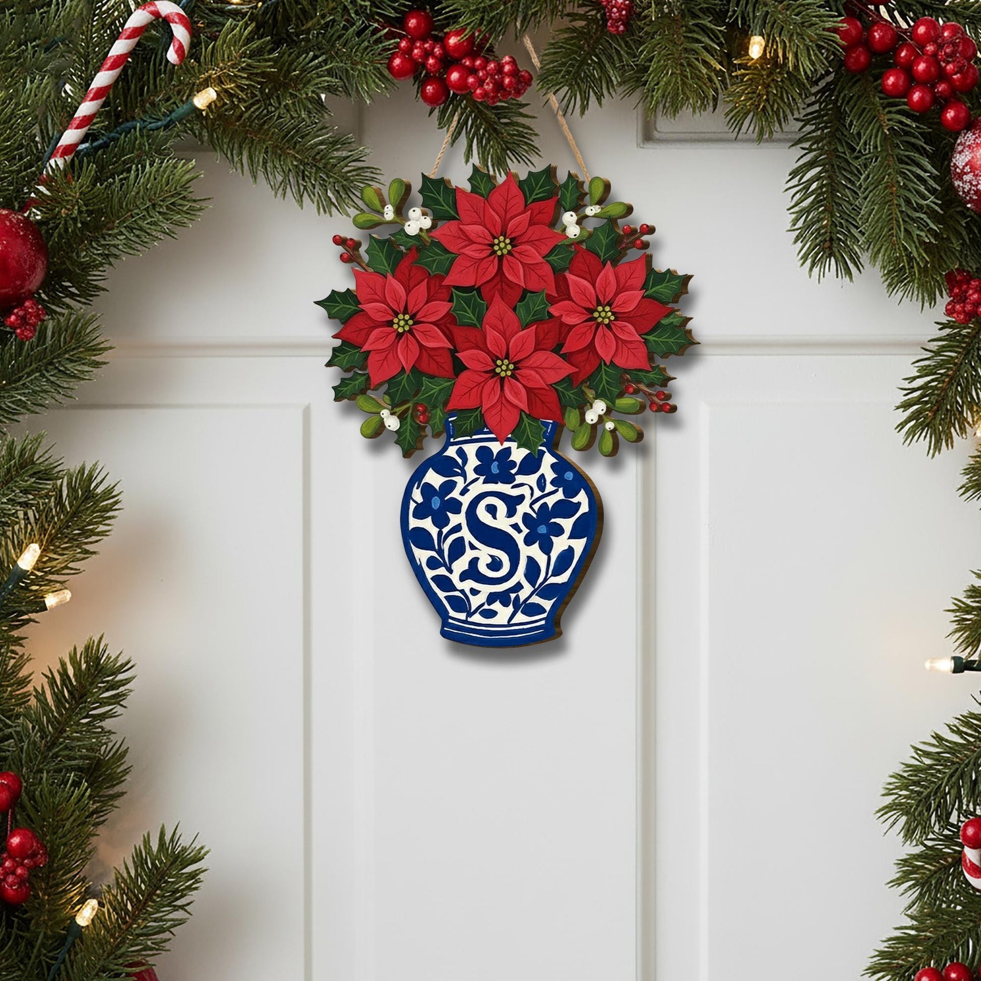 Personalized Poinsettia Wooden Door Sign — Custom Monogram Christmas Wall Hanging