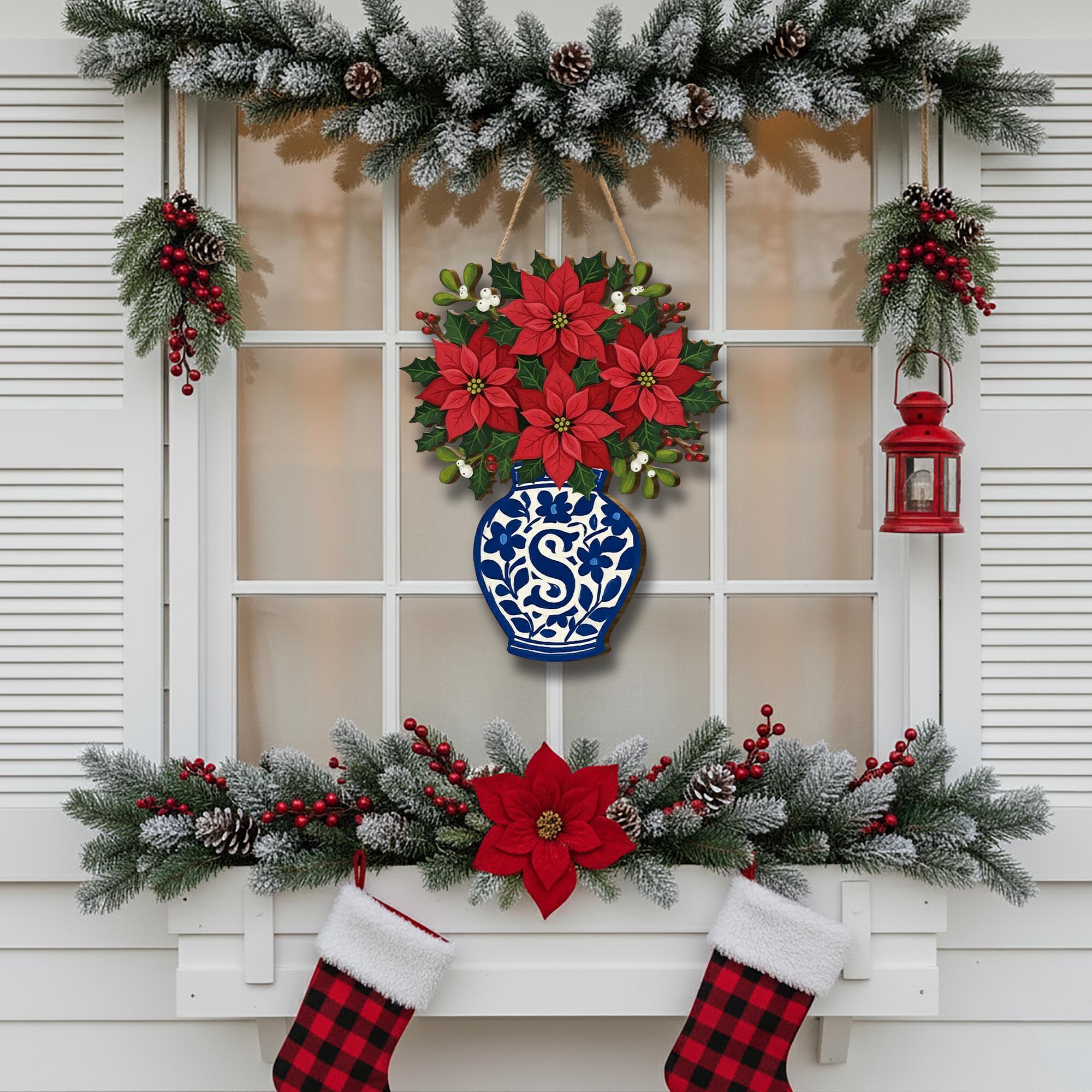 Personalized Poinsettia Wooden Door Sign — Custom Monogram Christmas Wall Hanging