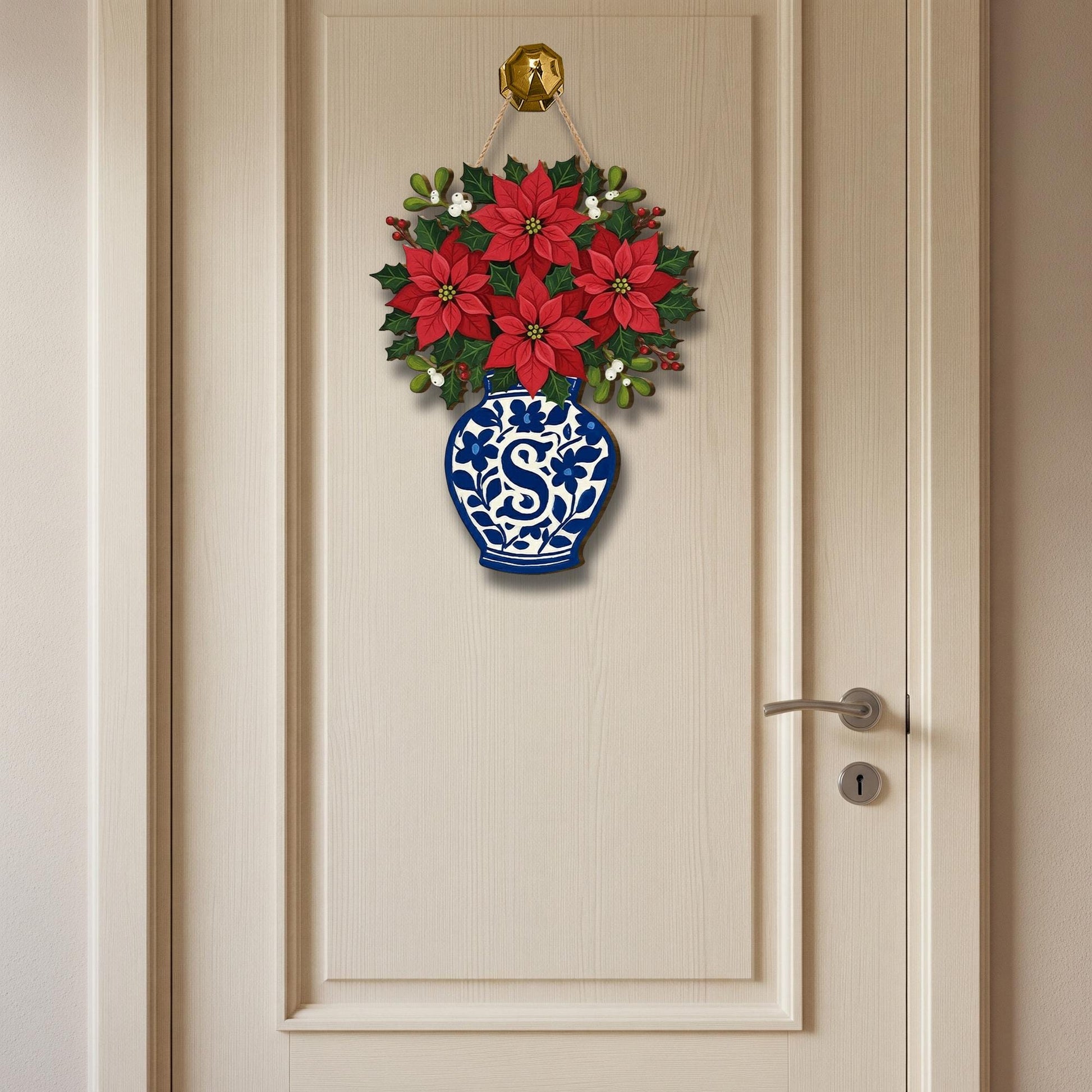 Personalized Poinsettia Wooden Door Sign — Custom Monogram Christmas Wall Hanging
