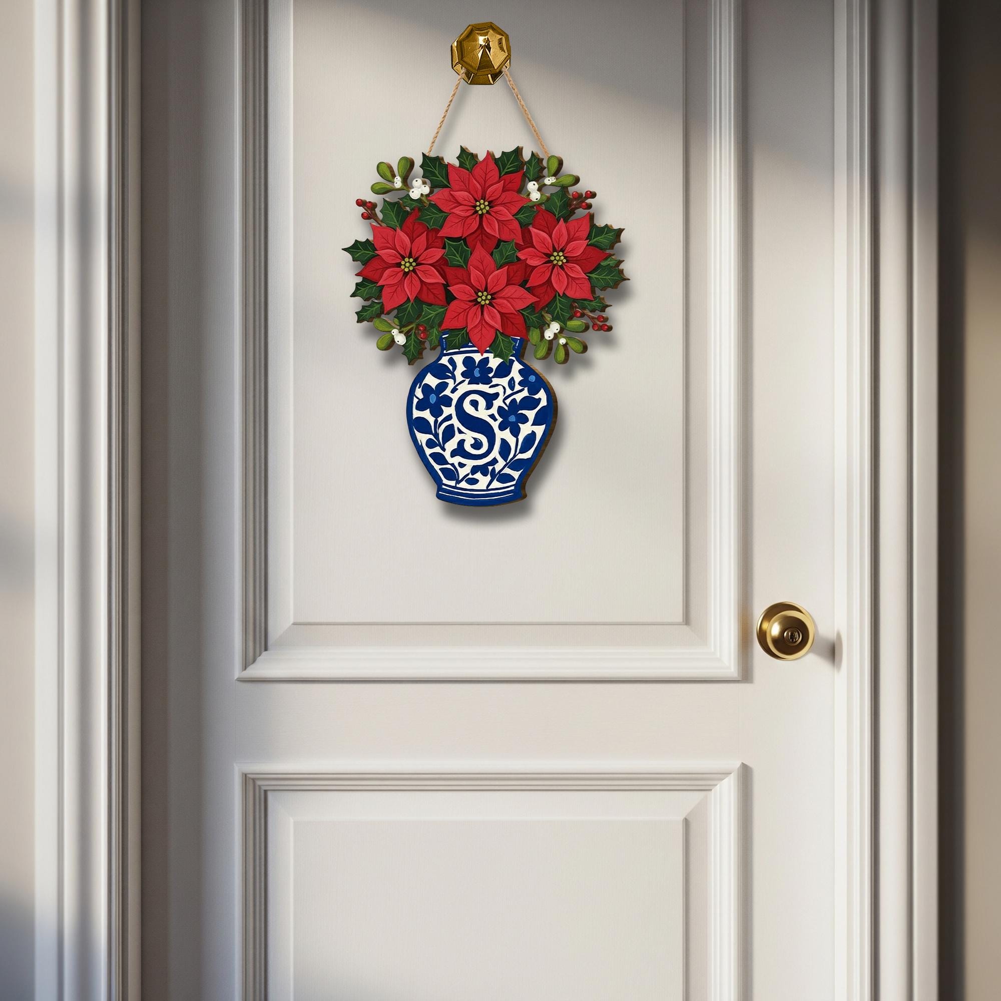 Personalized Poinsettia Wooden Door Sign — Custom Monogram Christmas Wall Hanging