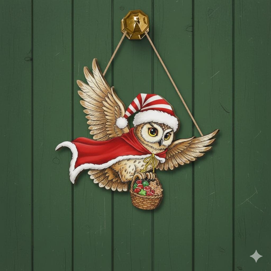 Owl Wooden Door Hanger, Christmas Wall Sign, Holiday Hanging Decor