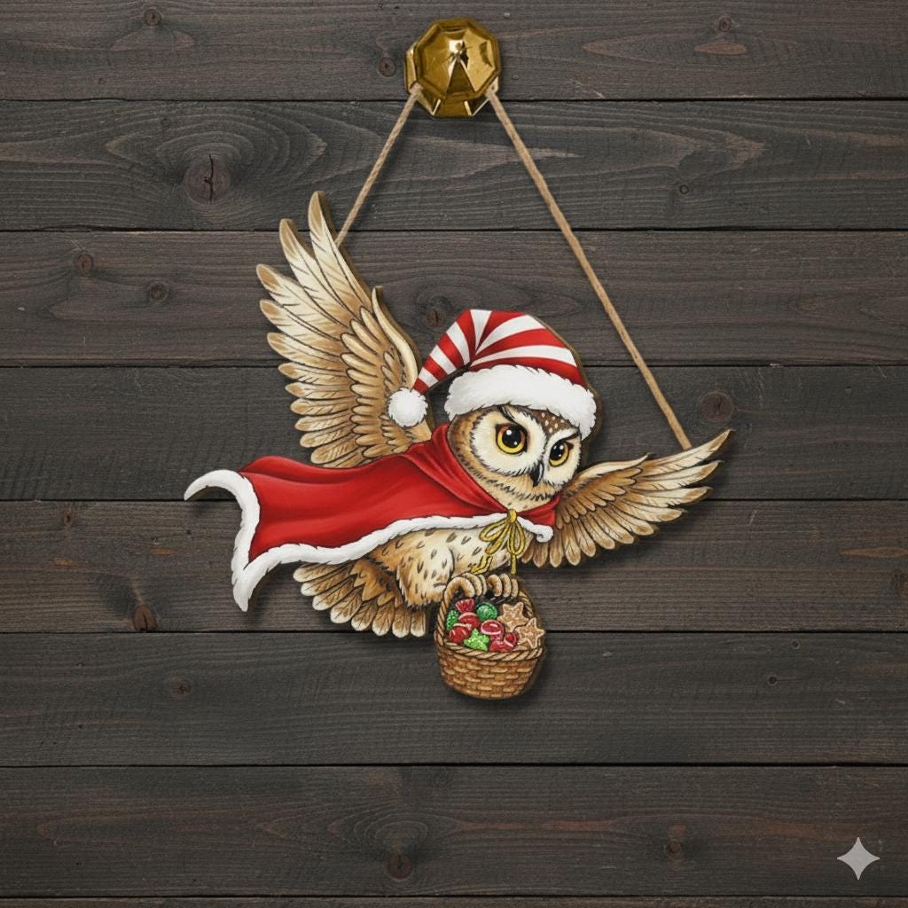 Owl Wooden Door Hanger, Christmas Wall Sign, Holiday Hanging Decor
