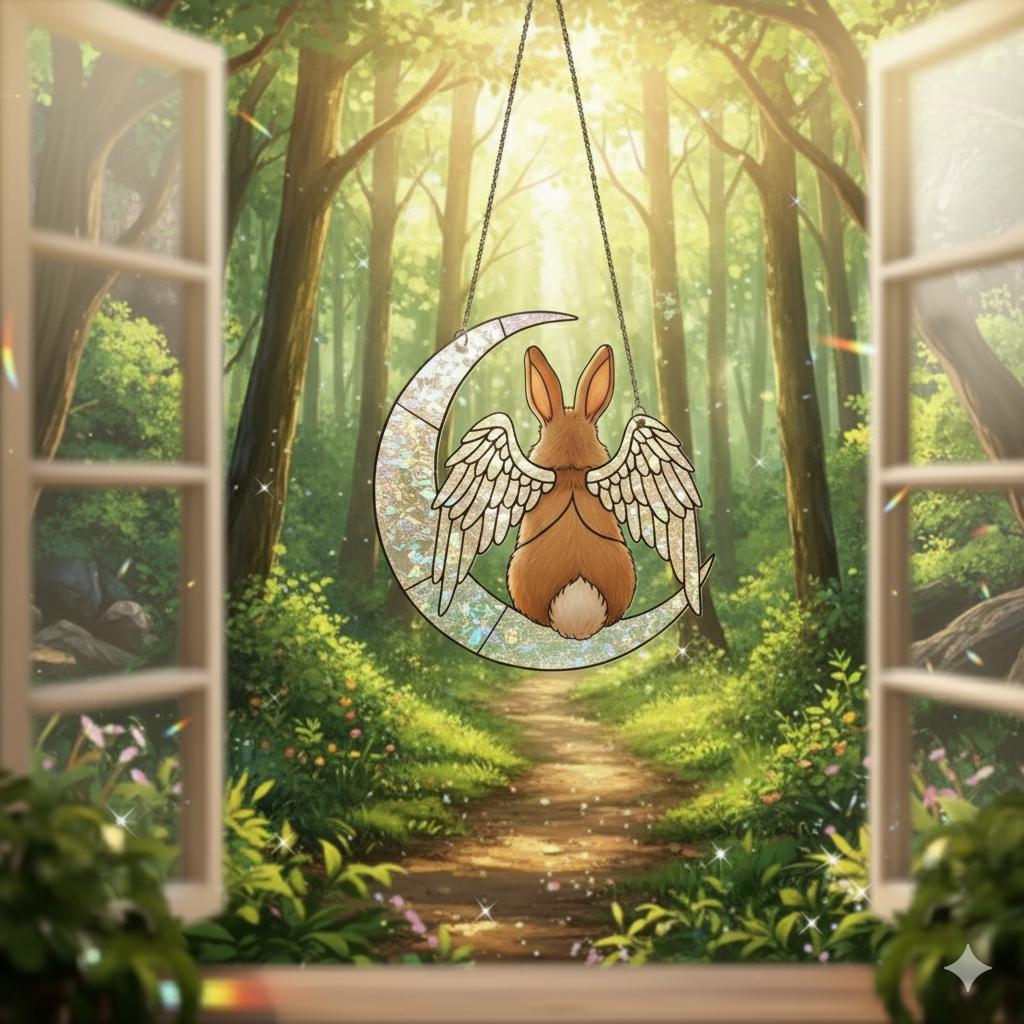 Rabbit Angel Memorial Window Hanging, Crescent Moon Suncatcher, Pet Loss Bunny Decor