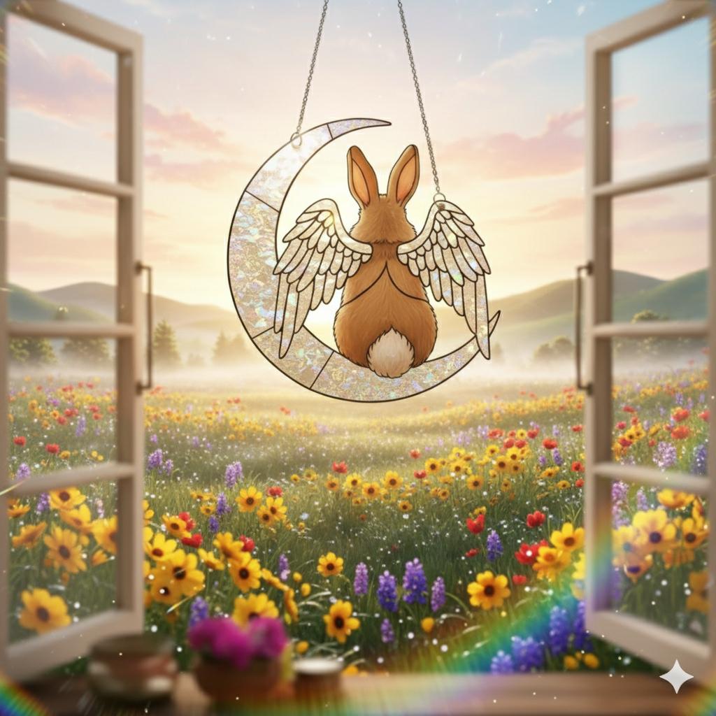 Rabbit Angel Memorial Window Hanging, Crescent Moon Suncatcher, Pet Loss Bunny Decor