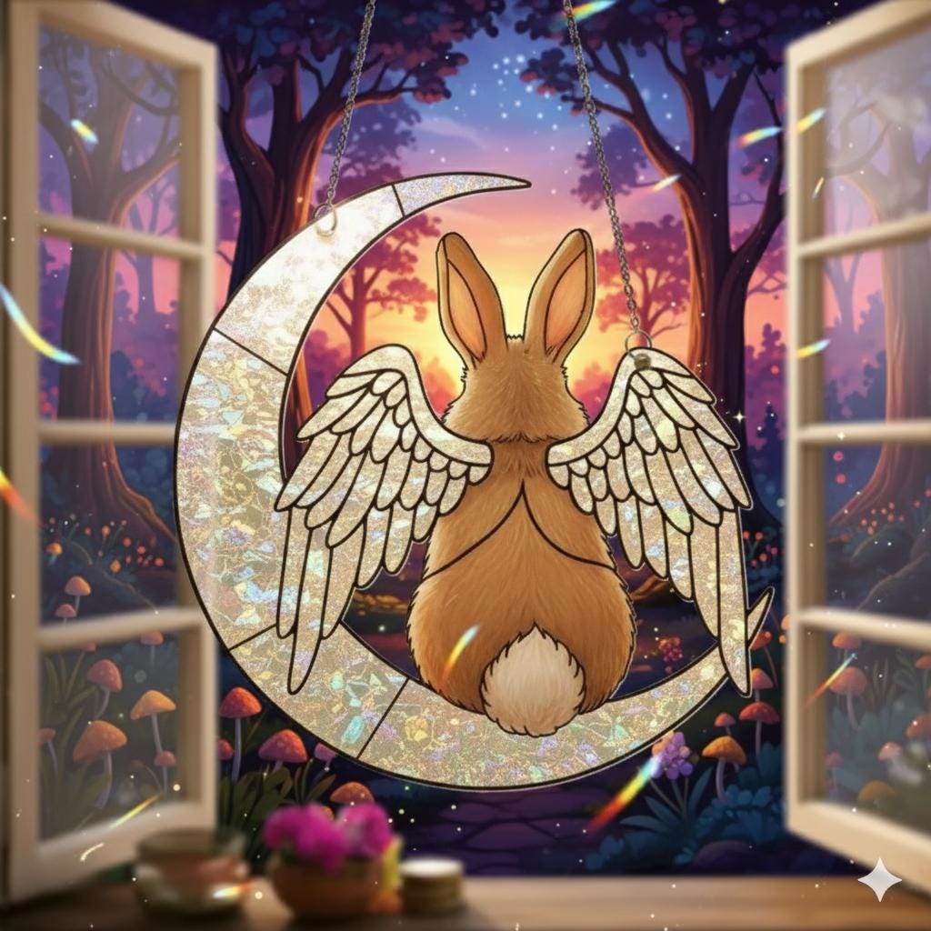 Rabbit Angel Memorial Window Hanging, Crescent Moon Suncatcher, Pet Loss Bunny Decor
