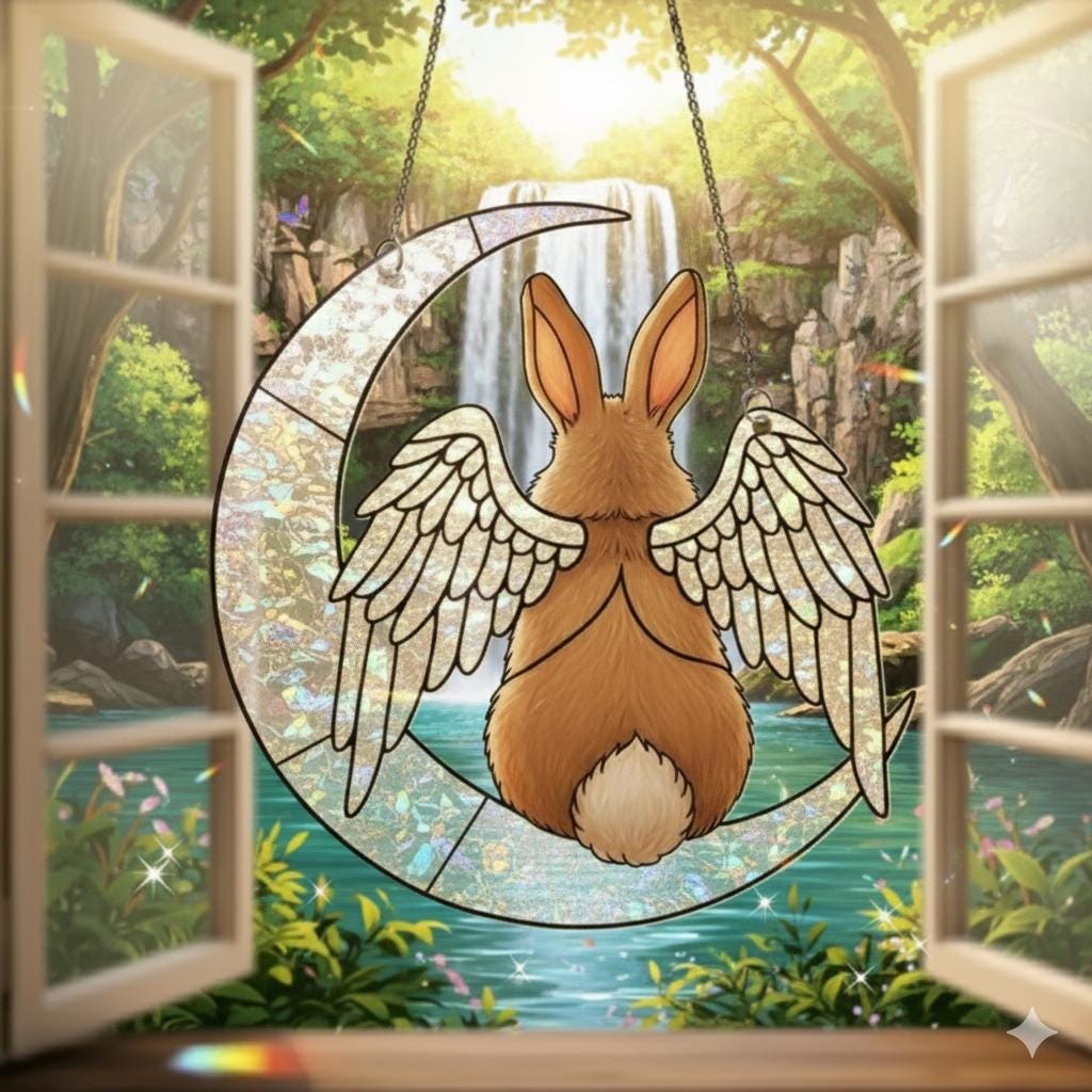 Rabbit Angel Memorial Window Hanging, Crescent Moon Suncatcher, Pet Loss Bunny Decor