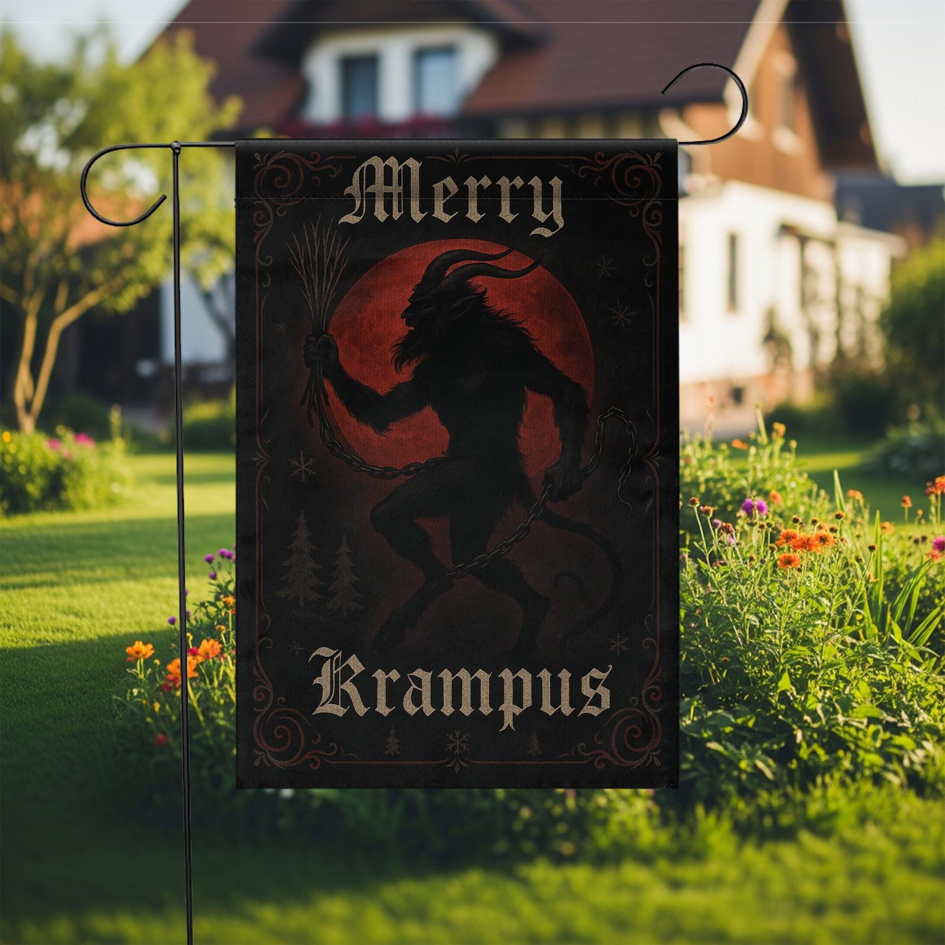 Merry Krampus Garden Flag — Gothic Christmas Outdoor Yard Decoration