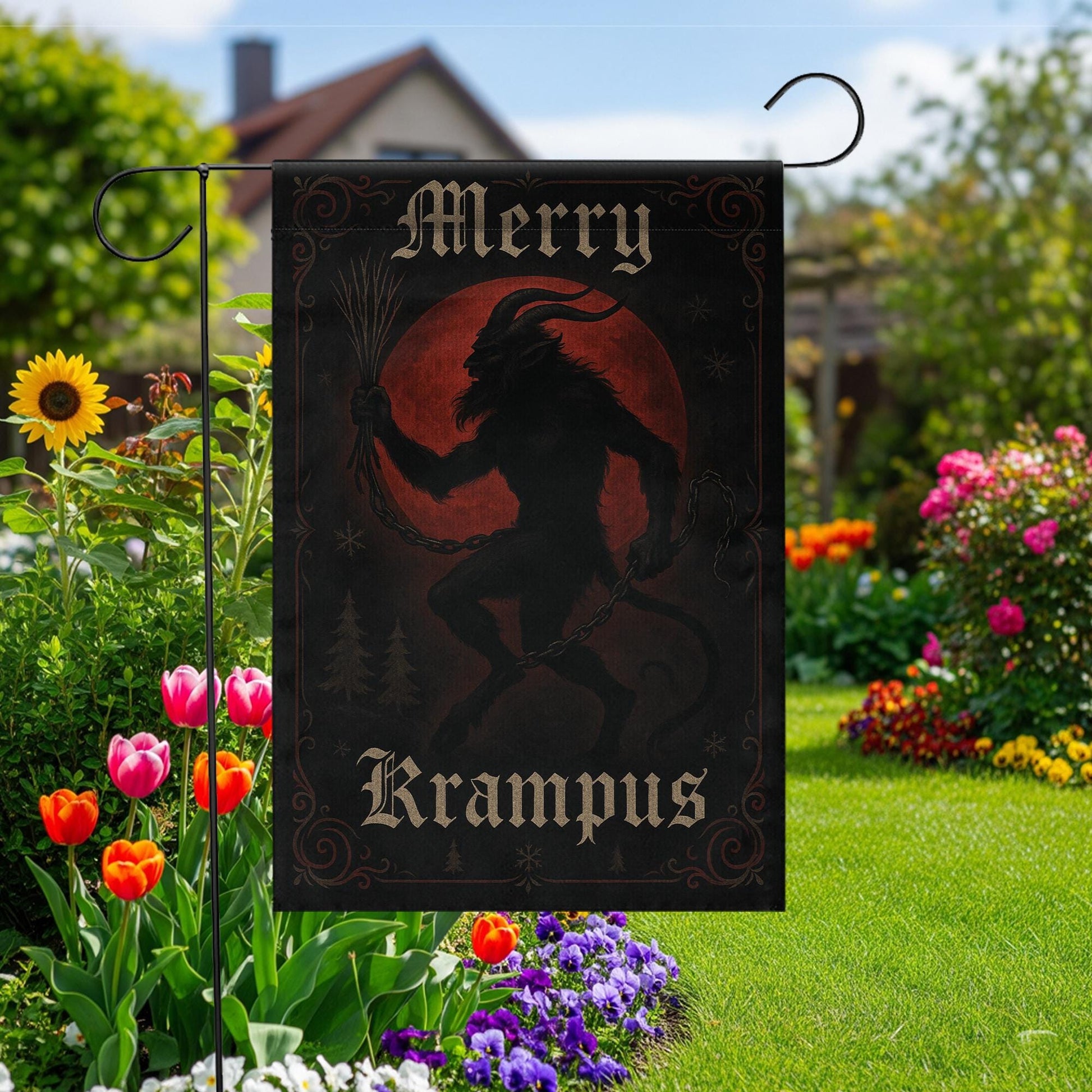 Merry Krampus Garden Flag — Gothic Christmas Outdoor Yard Decoration