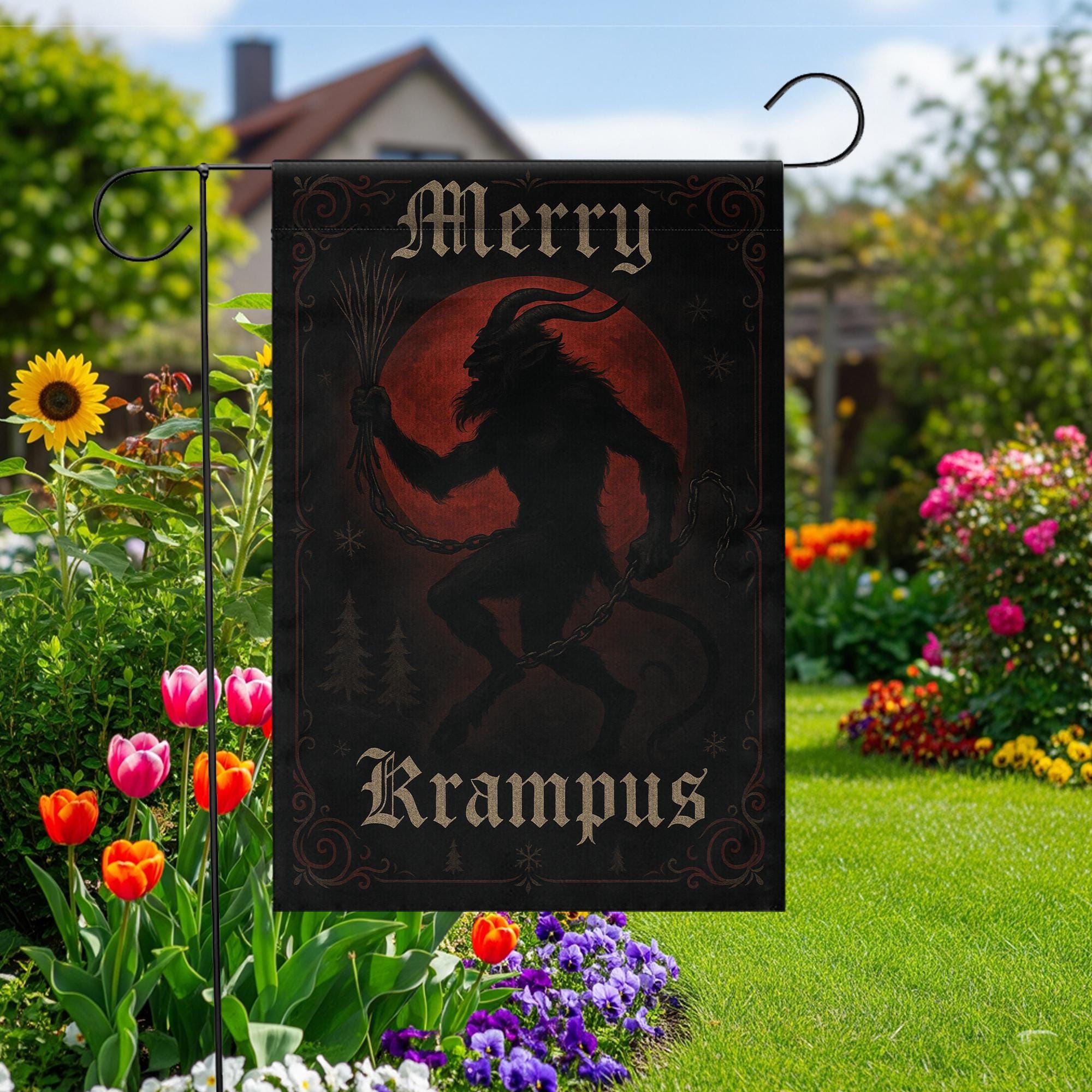 Merry Krampus Garden Flag — Gothic Christmas Outdoor Yard Decoration
