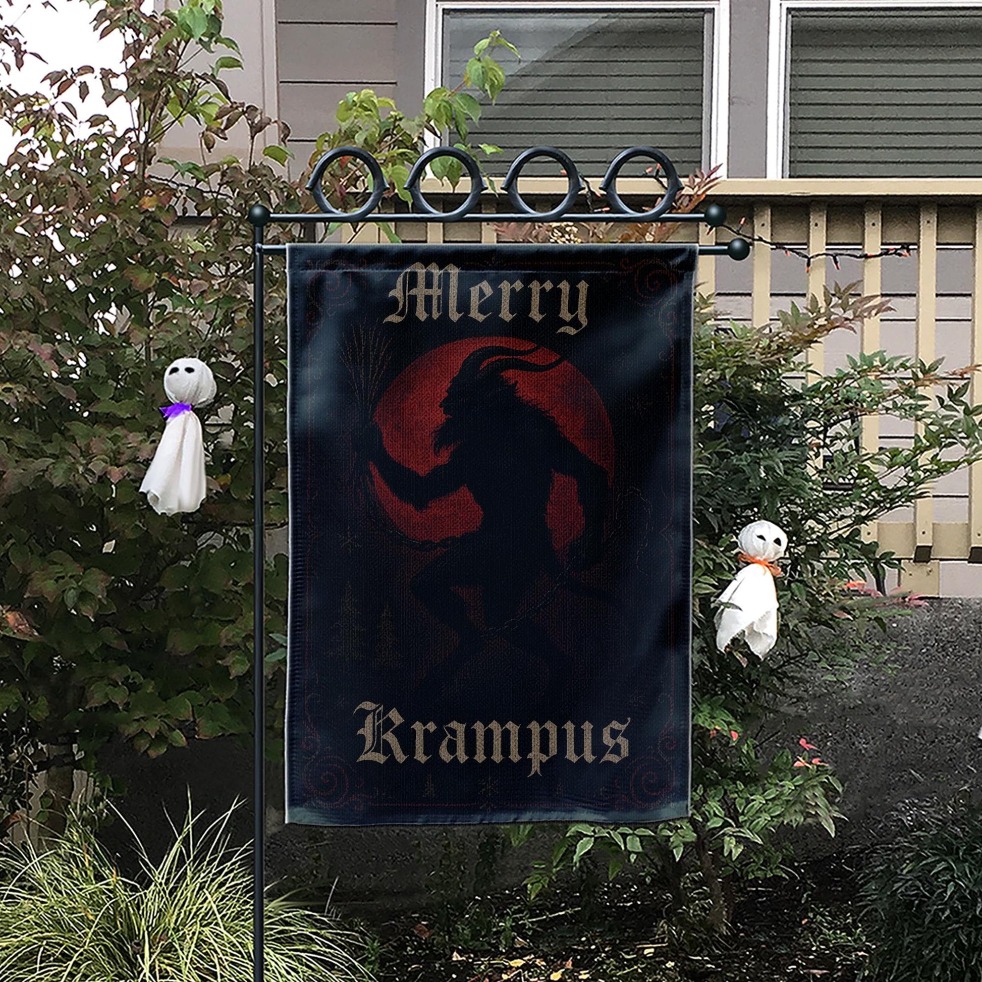 Merry Krampus Garden Flag — Gothic Christmas Outdoor Yard Decoration