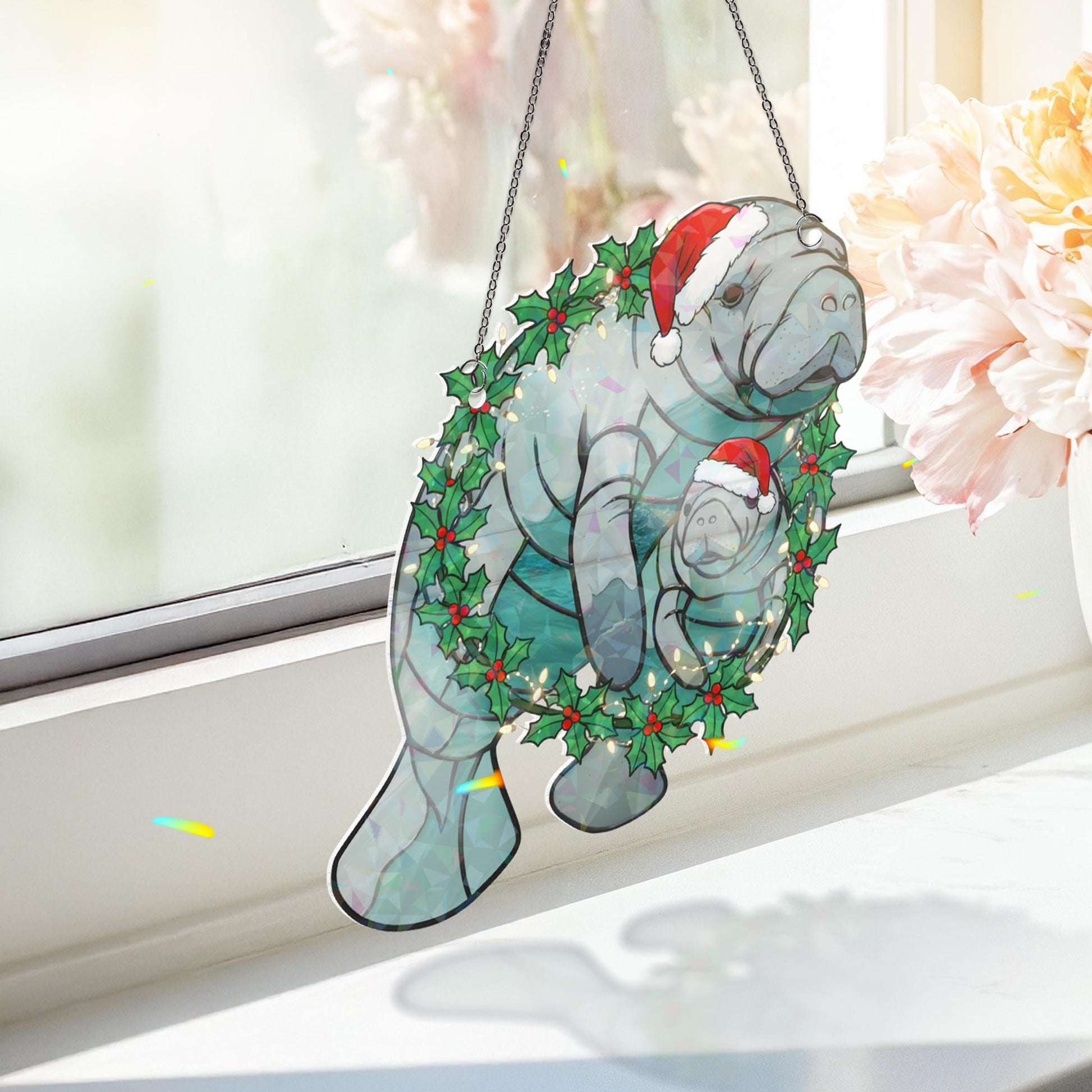 Manatee Christmas Window Hanging — Funny Holiday Decoration