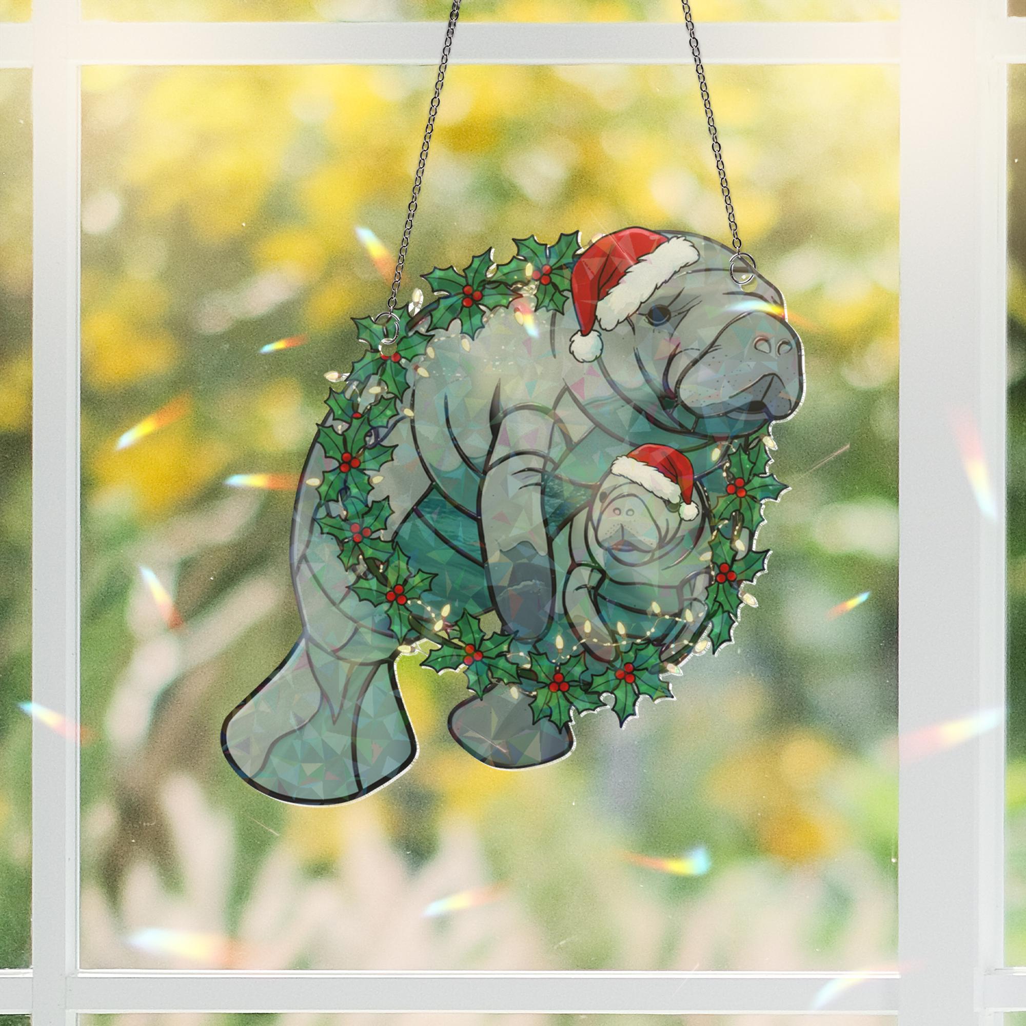 Manatee Christmas Window Hanging — Funny Holiday Decoration