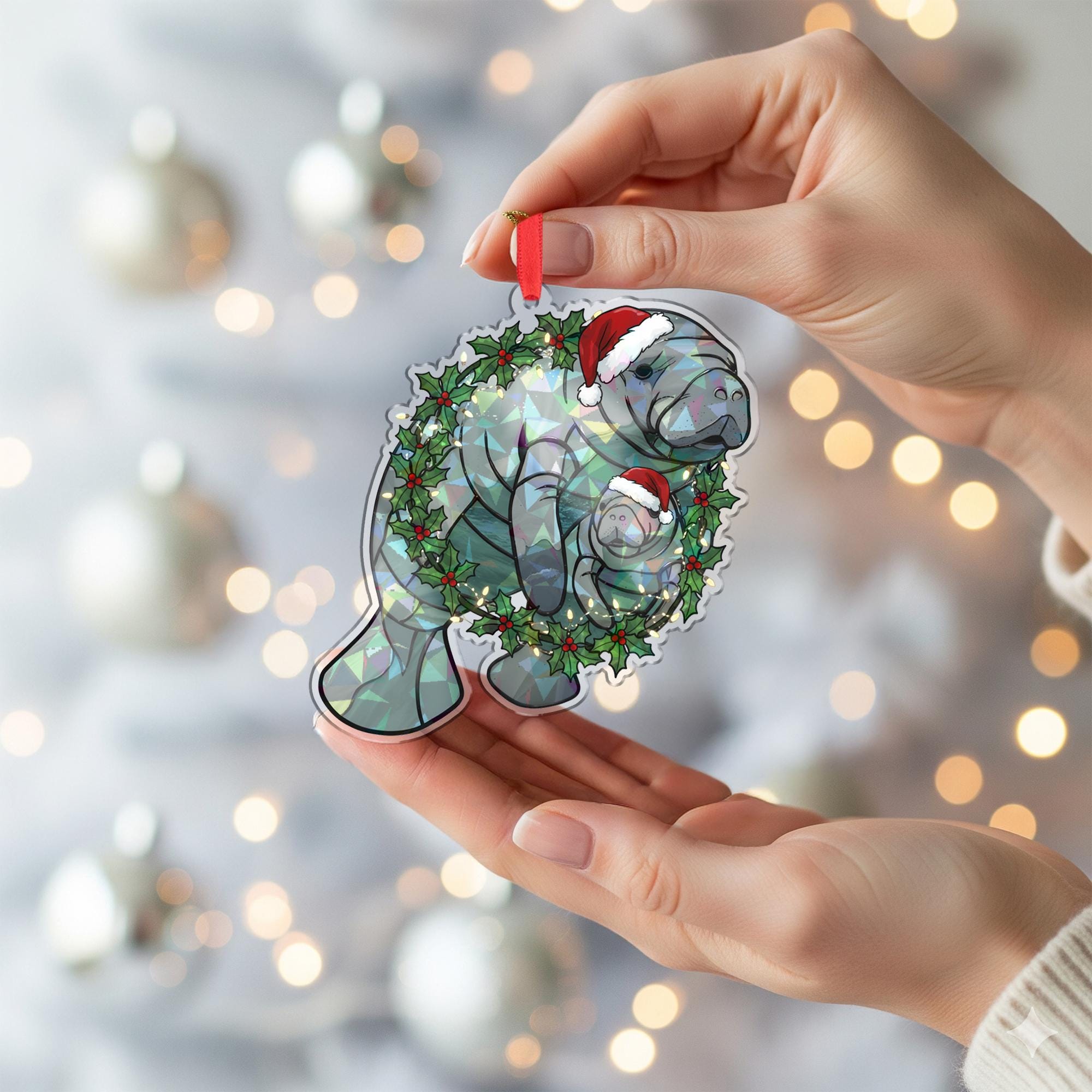 Manatee Mom Christmas Ornament — Funny Hologram Ocean Animal Holiday Tree Decoration