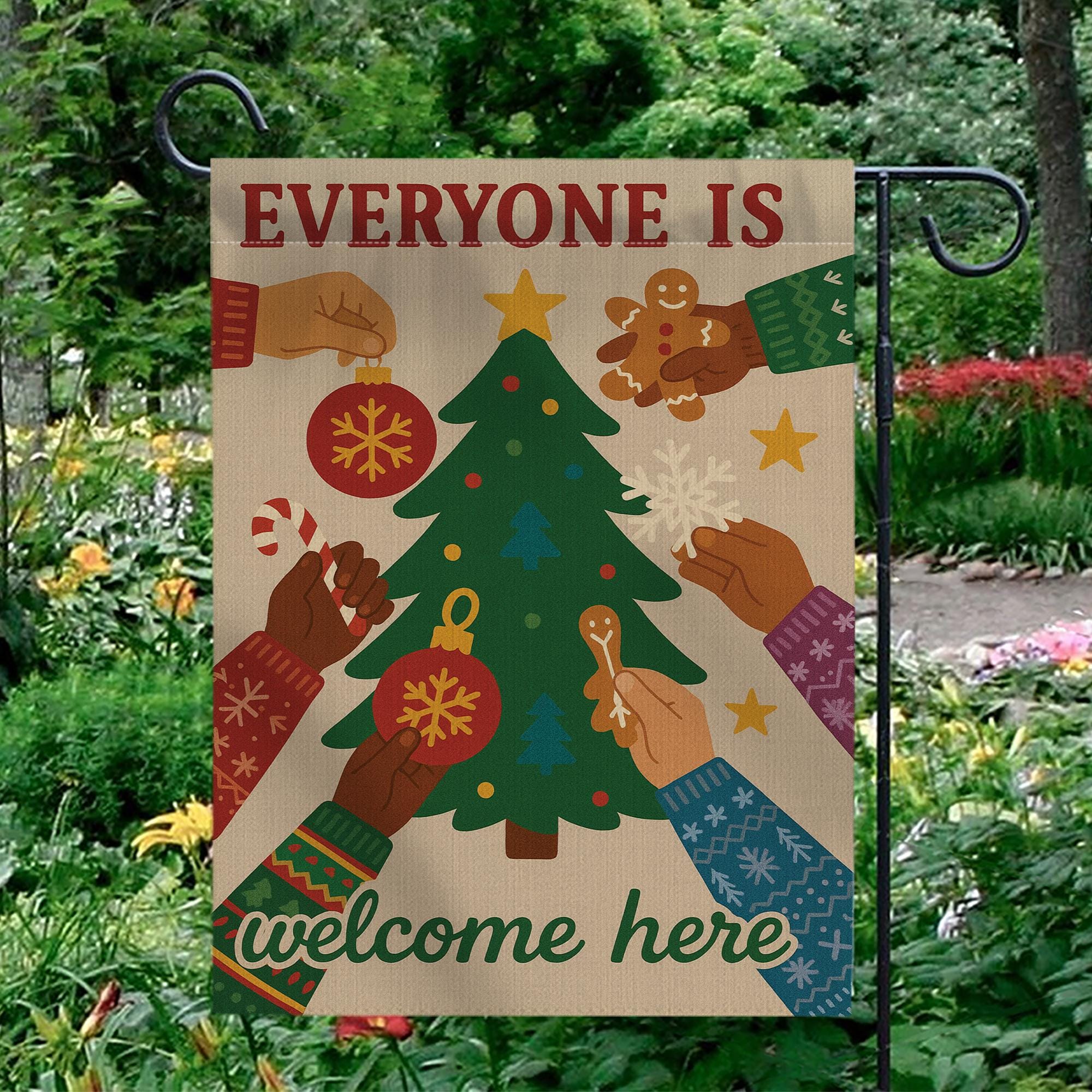 Inclusive Christmas Garden Flag — Everyone Is Welcome Holiday Outdoor Yard Decor