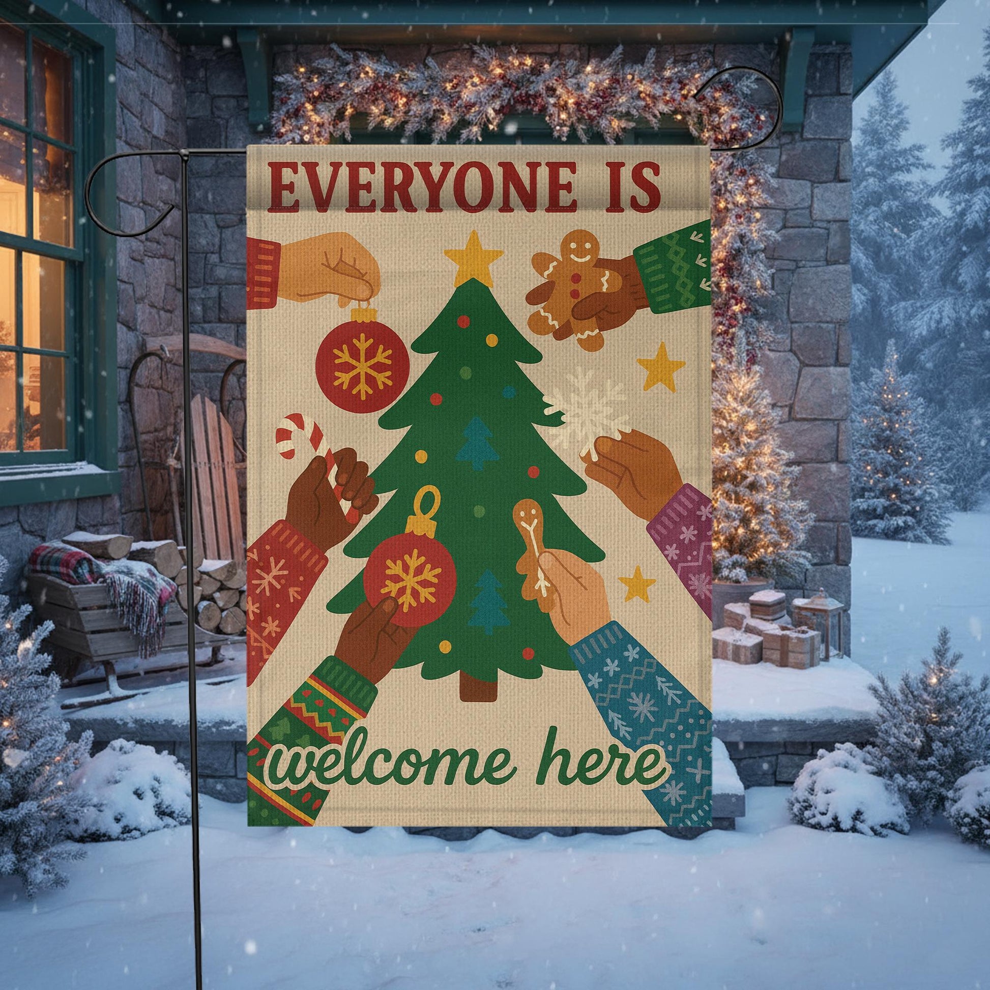 Inclusive Christmas Garden Flag — Everyone Is Welcome Holiday Outdoor Yard Decor