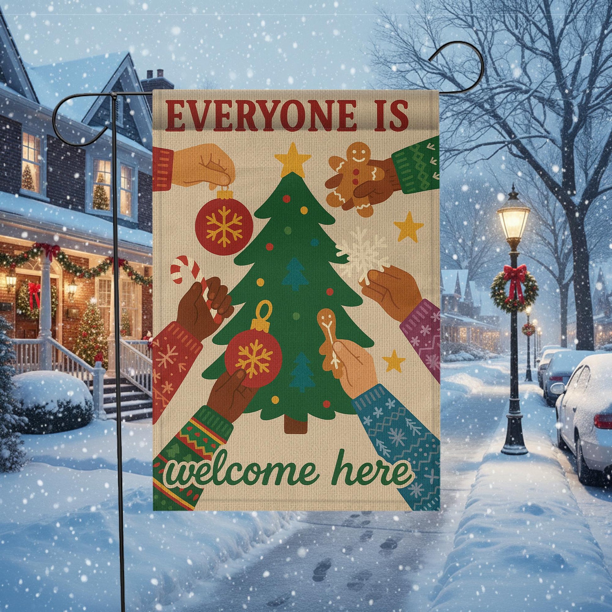 Inclusive Christmas Garden Flag — Everyone Is Welcome Holiday Outdoor Yard Decor