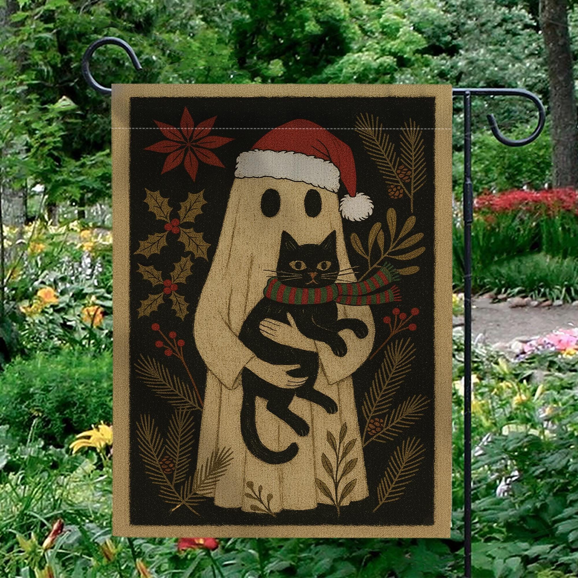 Ghost Christmas Garden Flag — Gothic Black Cat Holiday Outdoor Yard Decor