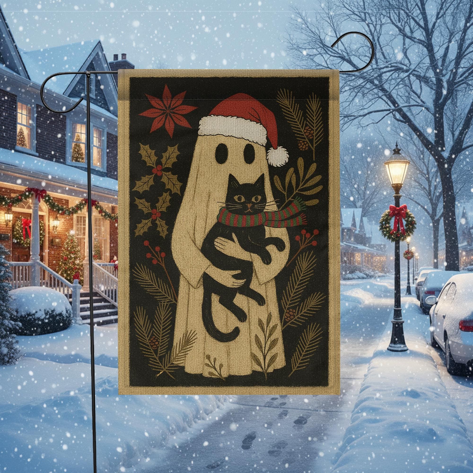 Ghost Christmas Garden Flag — Gothic Black Cat Holiday Outdoor Yard Decor