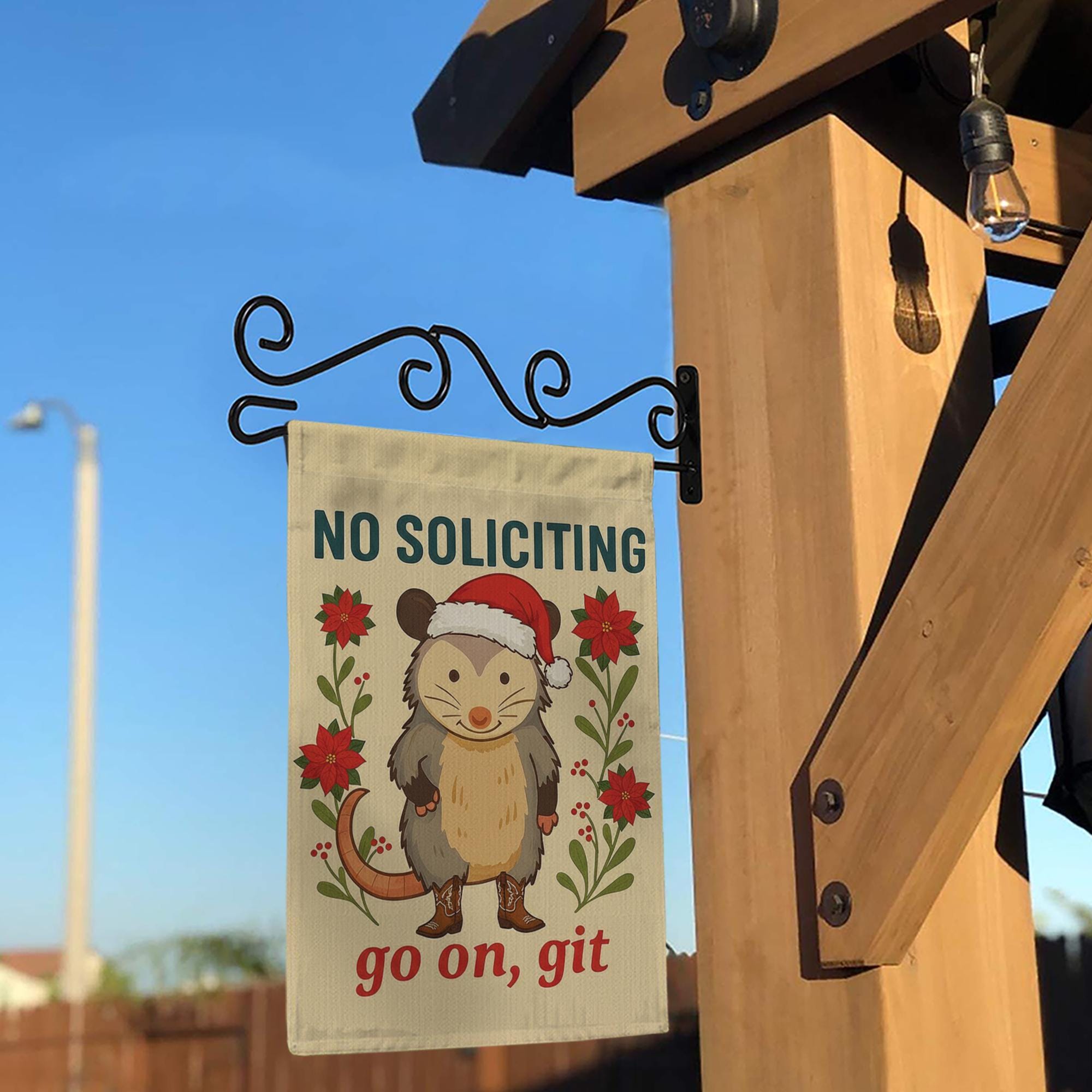 Funny Opossum Christmas Garden Flag — No Soliciting Holiday Outdoor Yard Decor