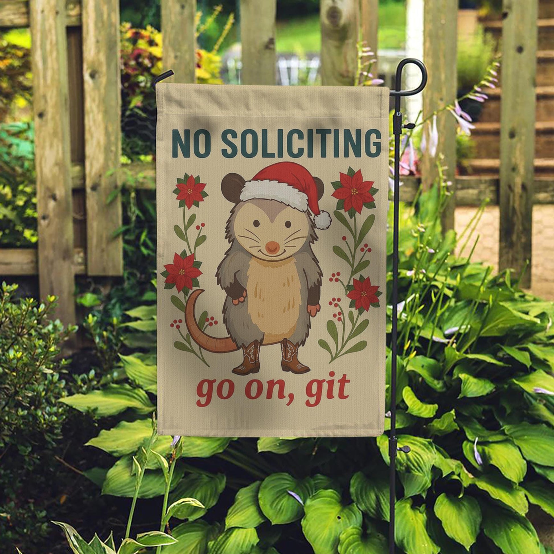 Funny Opossum Christmas Garden Flag — No Soliciting Holiday Outdoor Yard Decor
