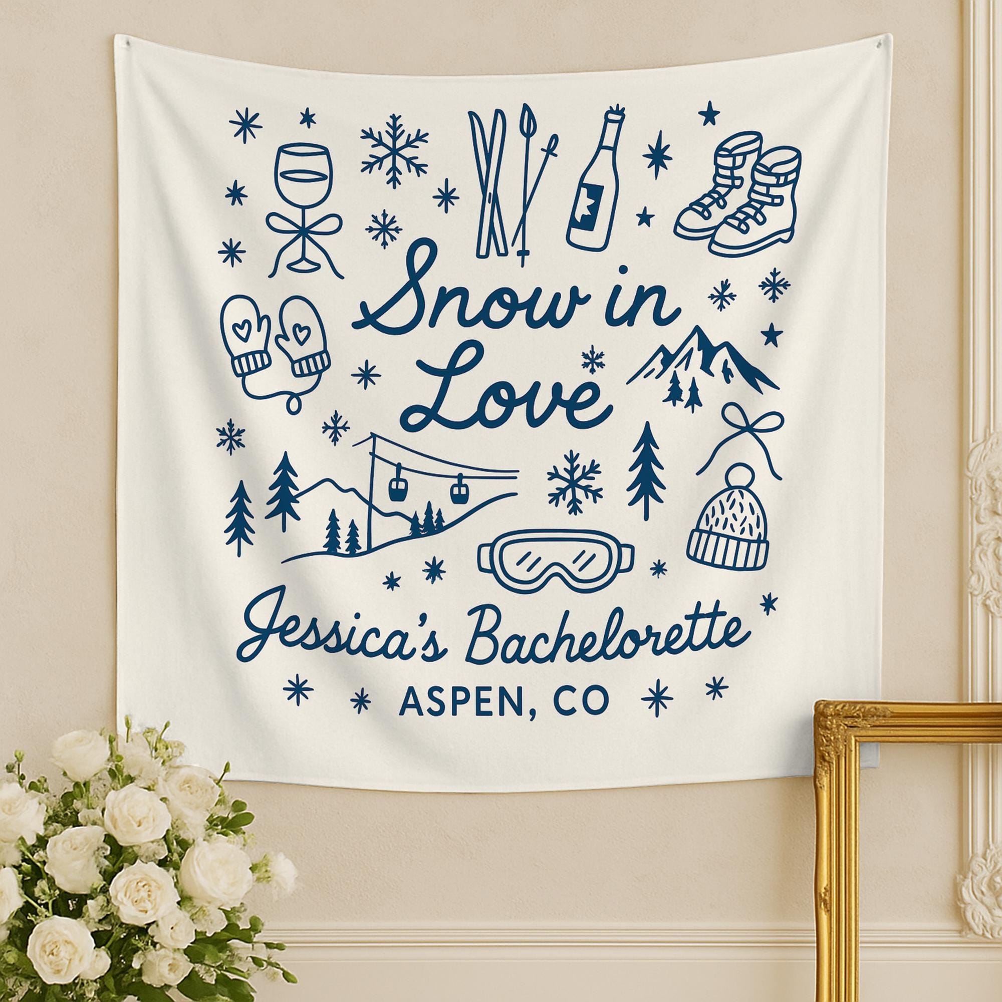 Snow in Love Bachelorette Tapestry — Custom Ski Trip Party Decor Aspen Theme