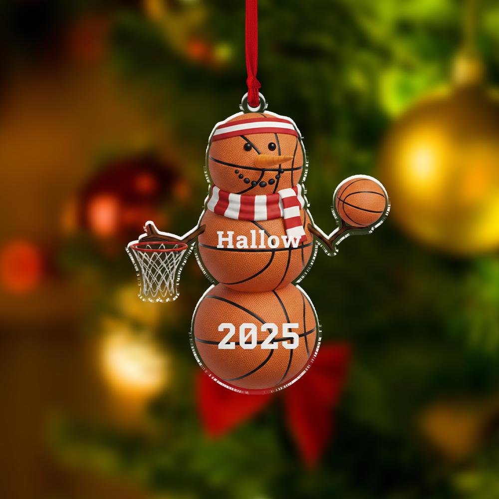 Personalized Acrylic Basketball Snowman Ornament – Custom Name & Year – Sports Tree Hanging Decoration