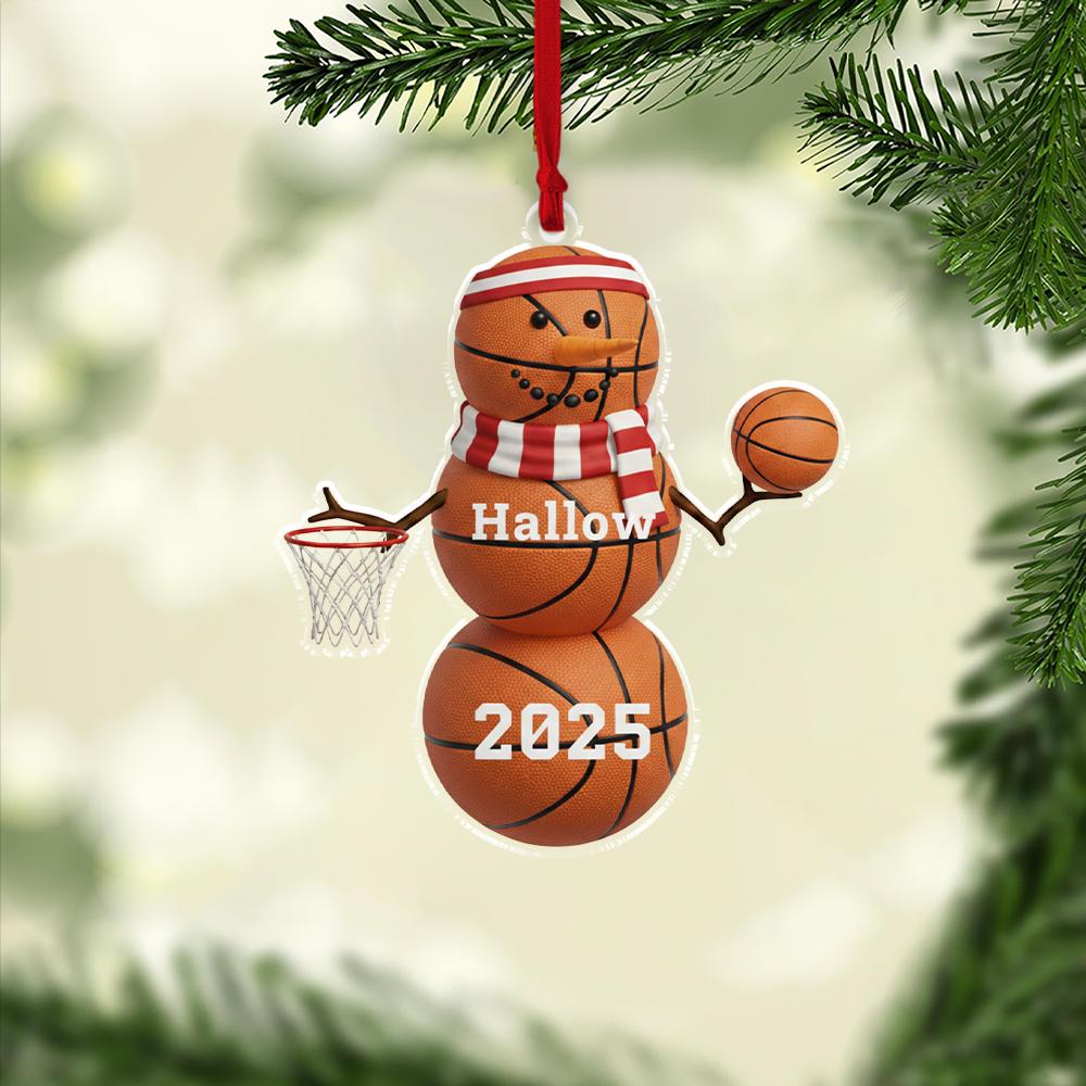 Personalized Acrylic Basketball Snowman Ornament – Custom Name & Year – Sports Tree Hanging Decoration