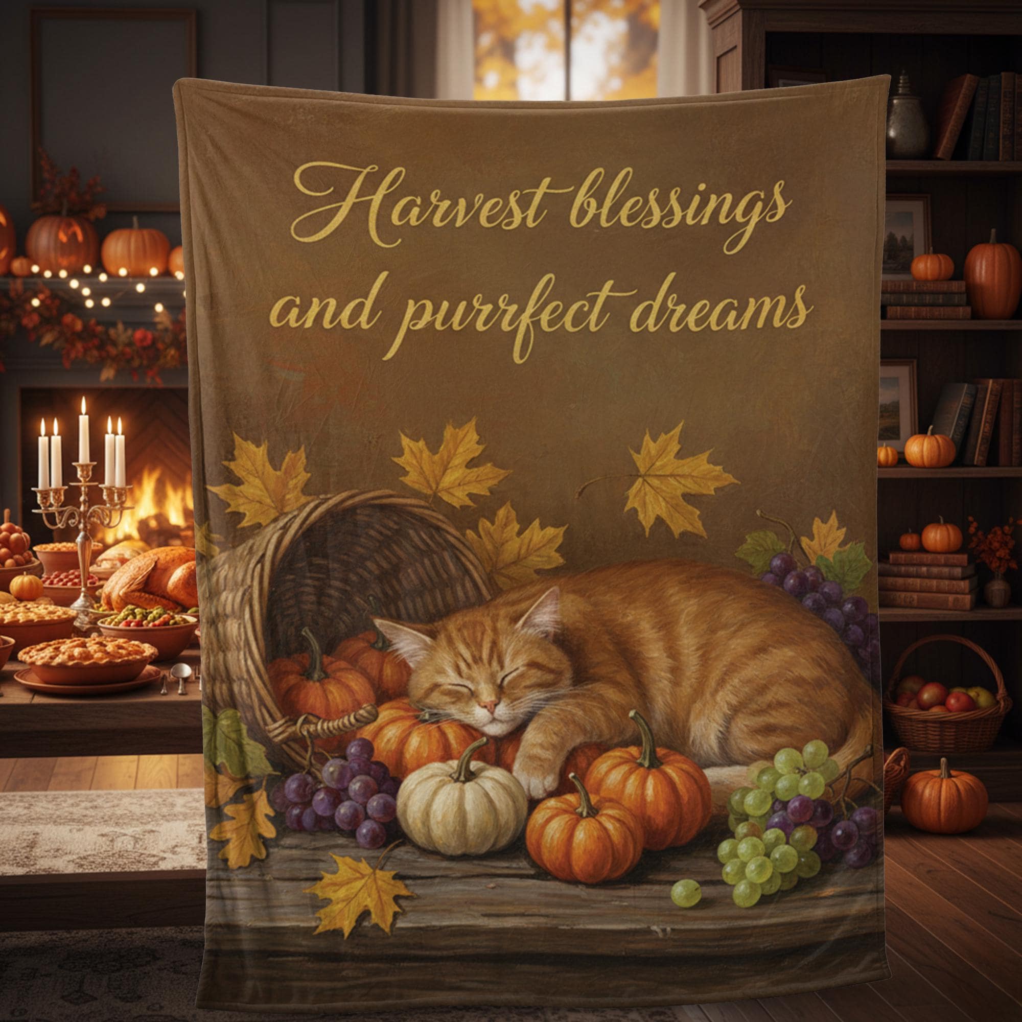 Autumn Cat Fleece Blanket: Harvest Pumpkins and Grapes Throw