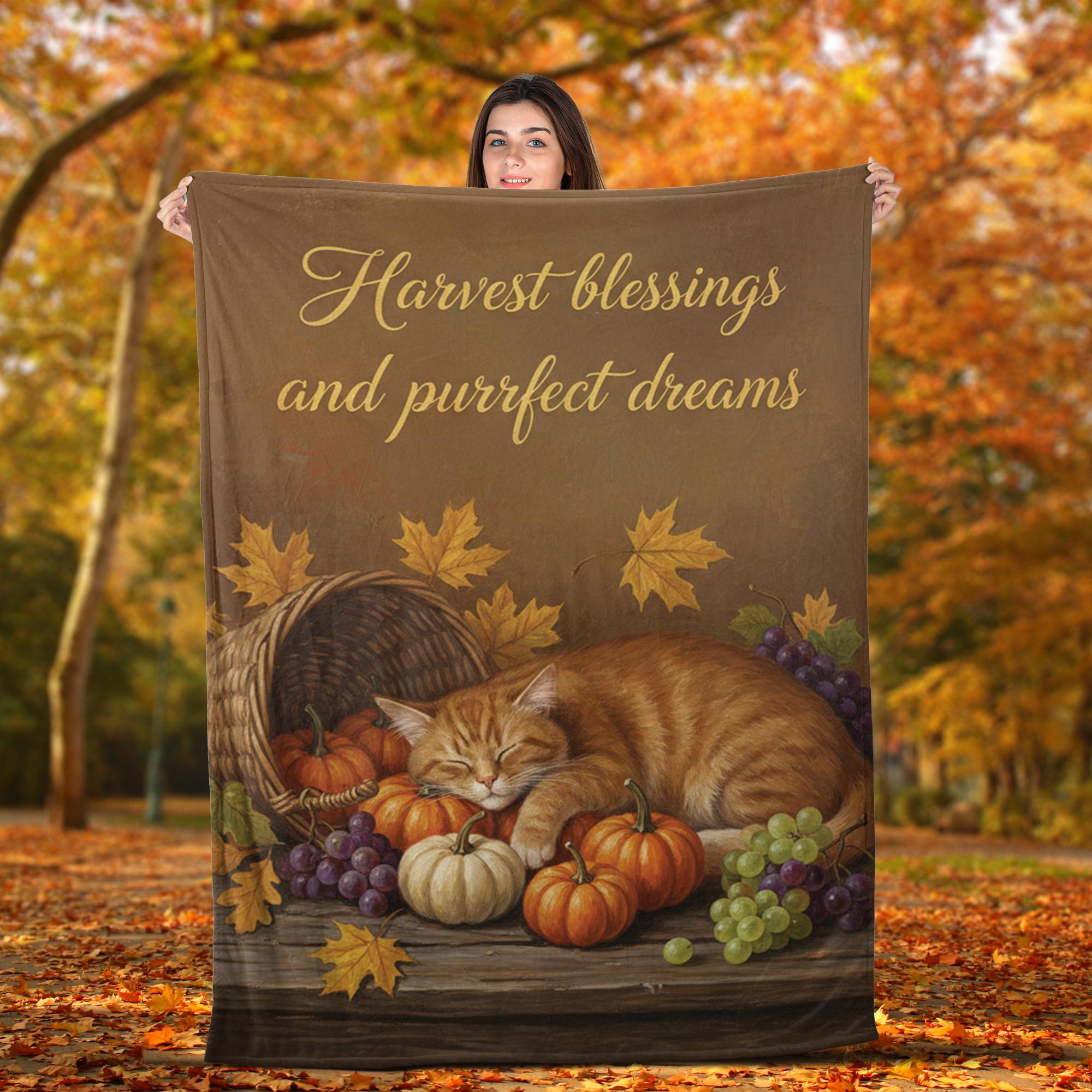 Autumn Cat Fleece Blanket: Harvest Pumpkins and Grapes Throw