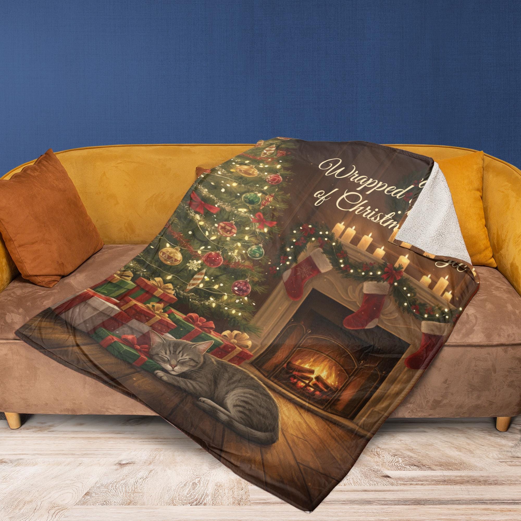 Fleece Holiday Throw Blanket: Cat, Christmas Tree & Fireplace
