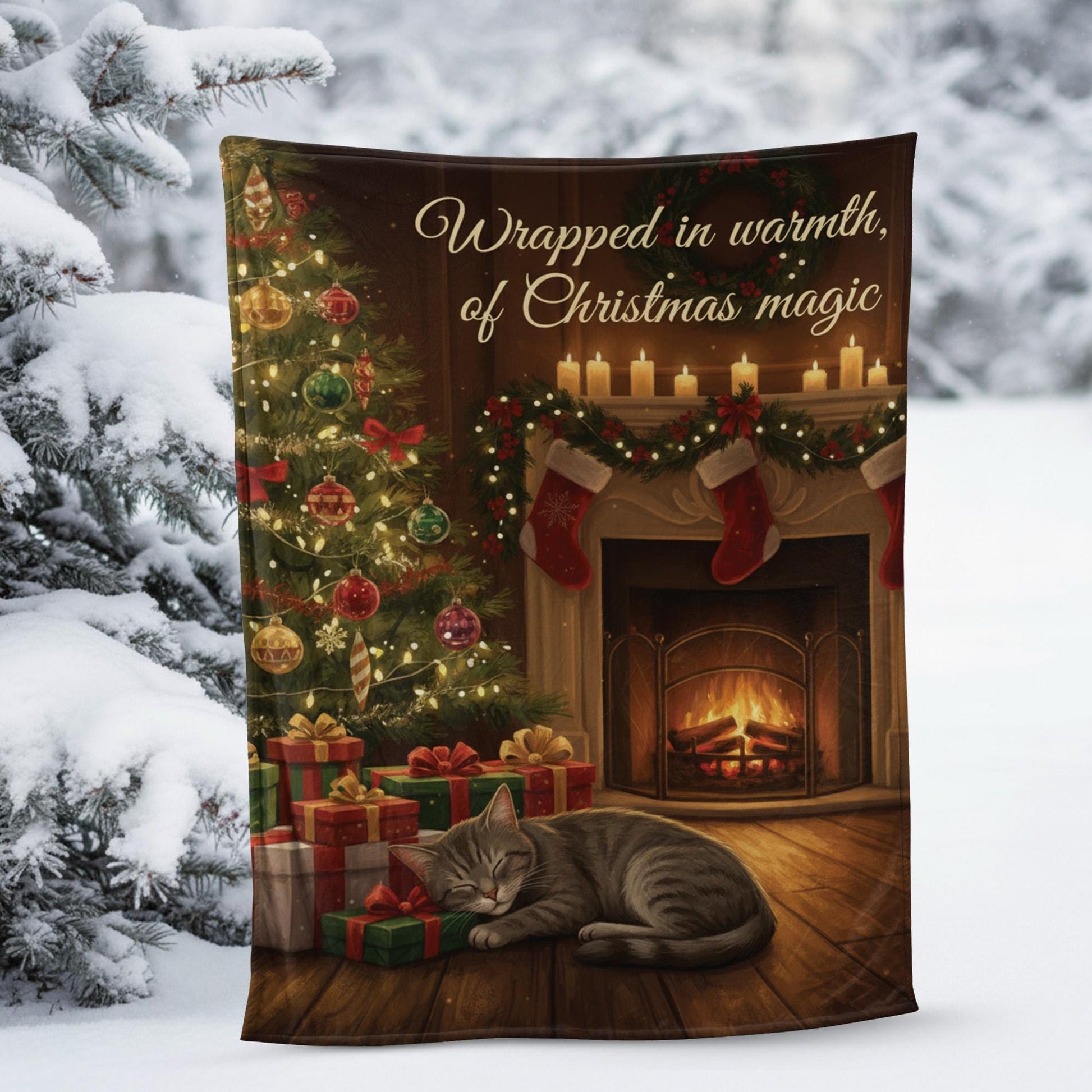 Fleece Holiday Throw Blanket: Cat, Christmas Tree & Fireplace