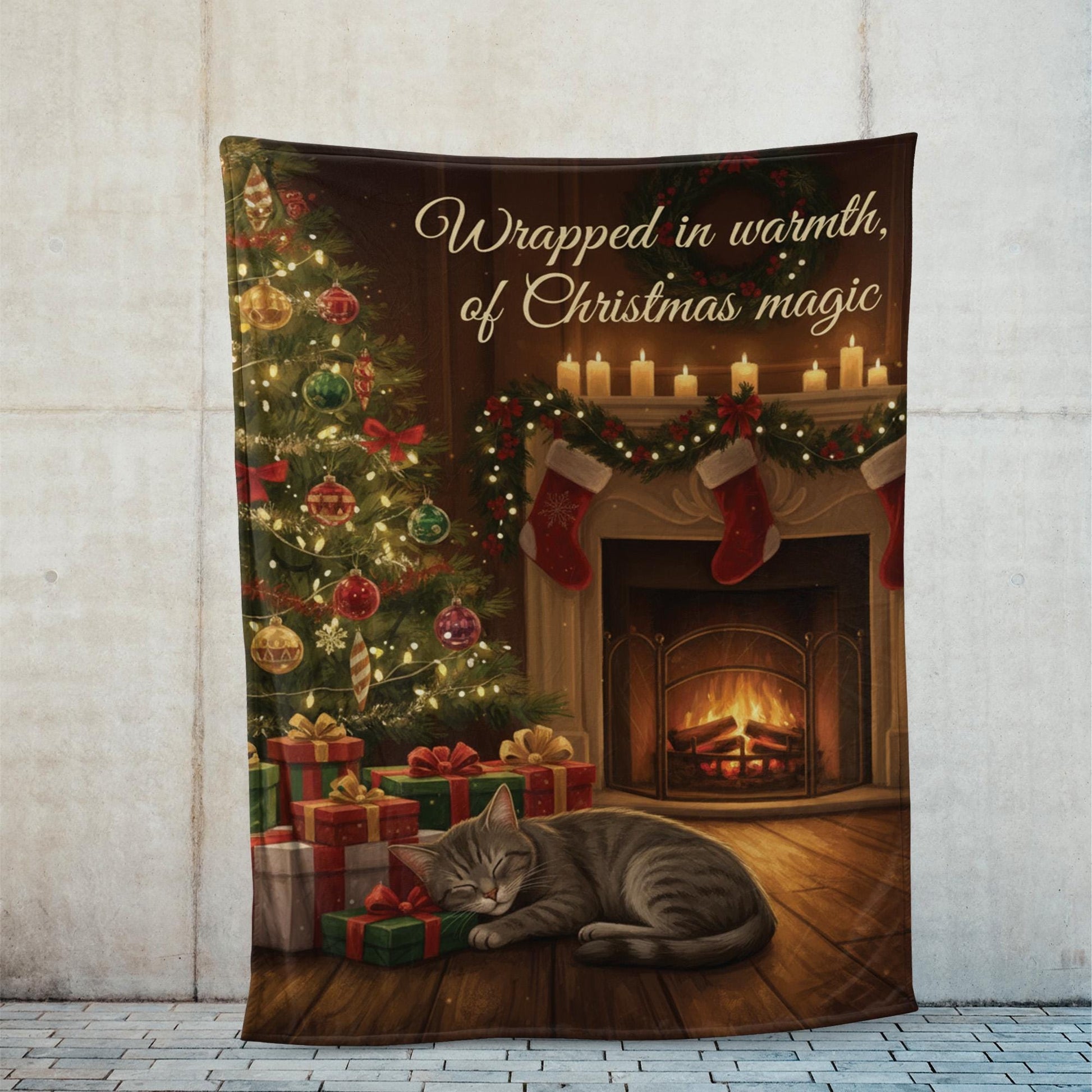 Fleece Holiday Throw Blanket: Cat, Christmas Tree & Fireplace