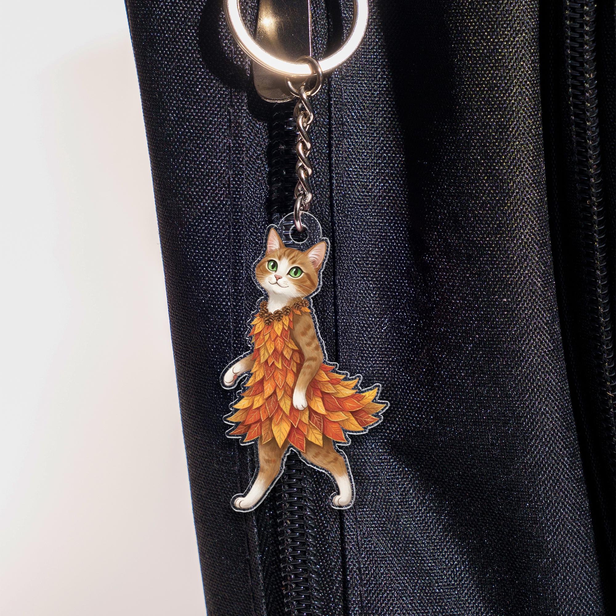 Cat in Autumn Leaf Dress Acrylic Keychain - Fall Accessory