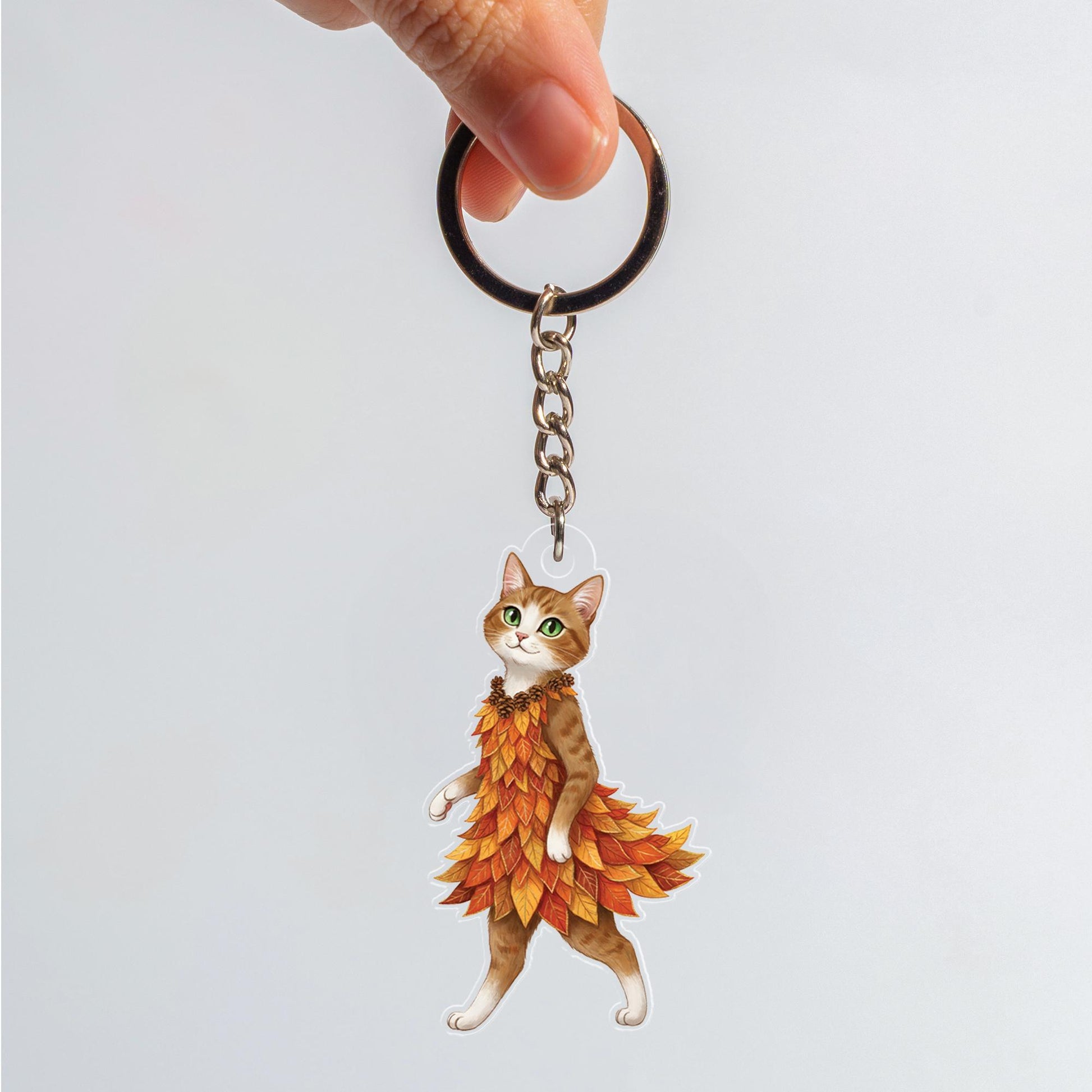 Cat in Autumn Leaf Dress Acrylic Keychain - Fall Accessory