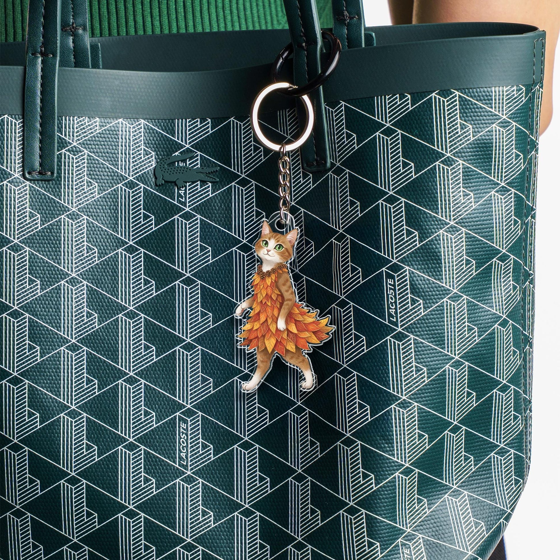 Cat in Autumn Leaf Dress Acrylic Keychain - Fall Accessory