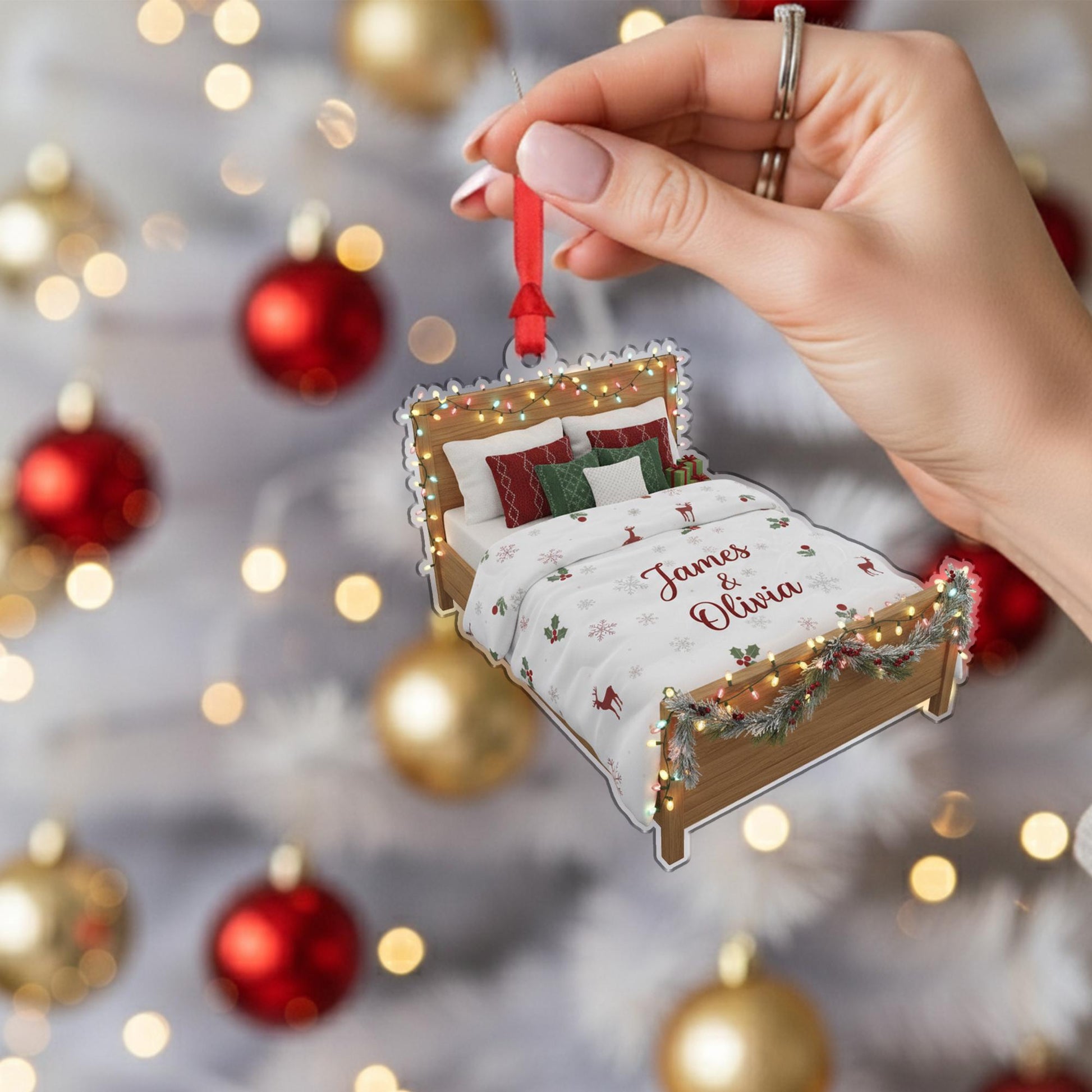 Personalized Bed Ornament with Names, Christmas Tree Decoration with Lights and Holiday Bedding