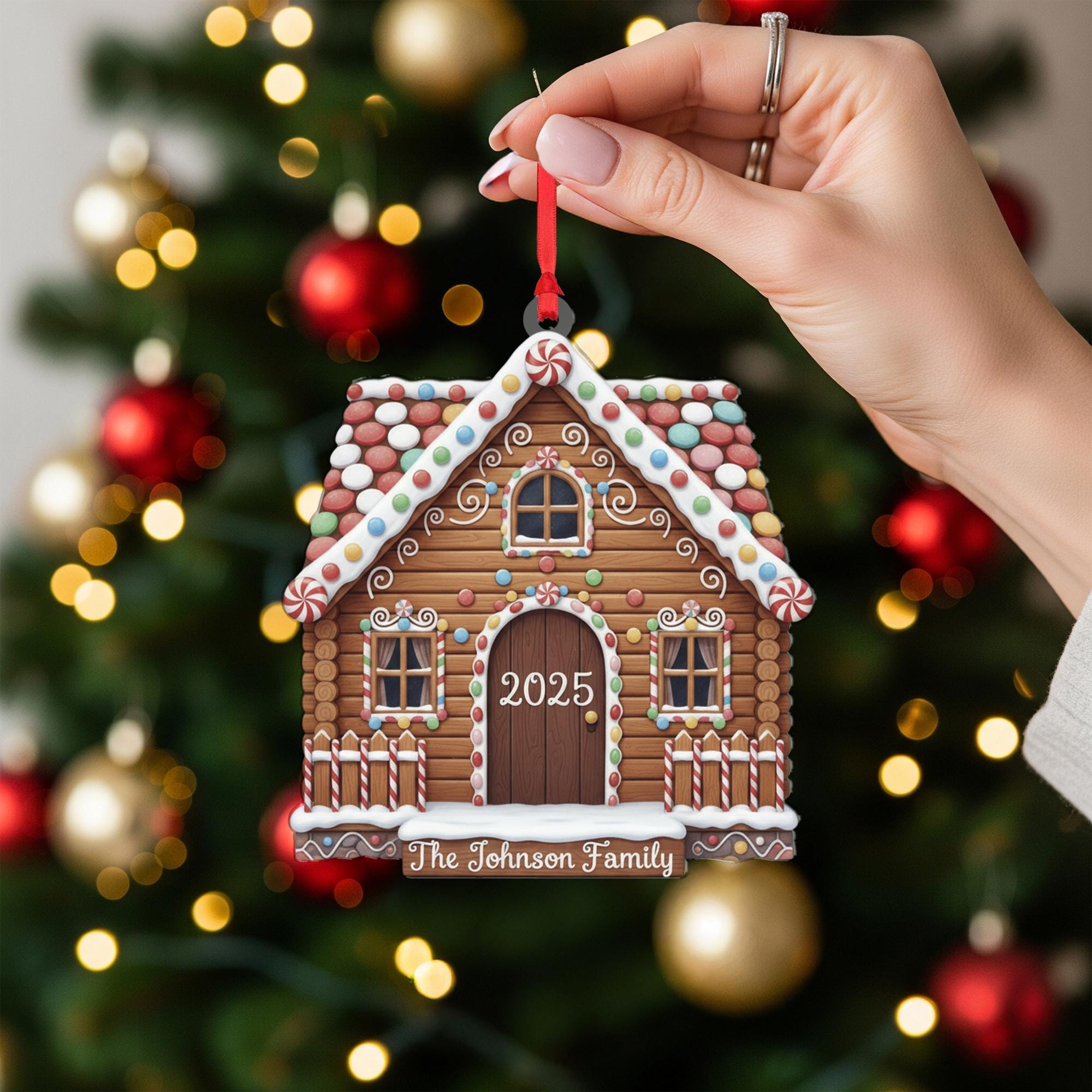 Personalized Gingerbread House Ornament, Custom Family Name Christmas Tree Decoration with Year
