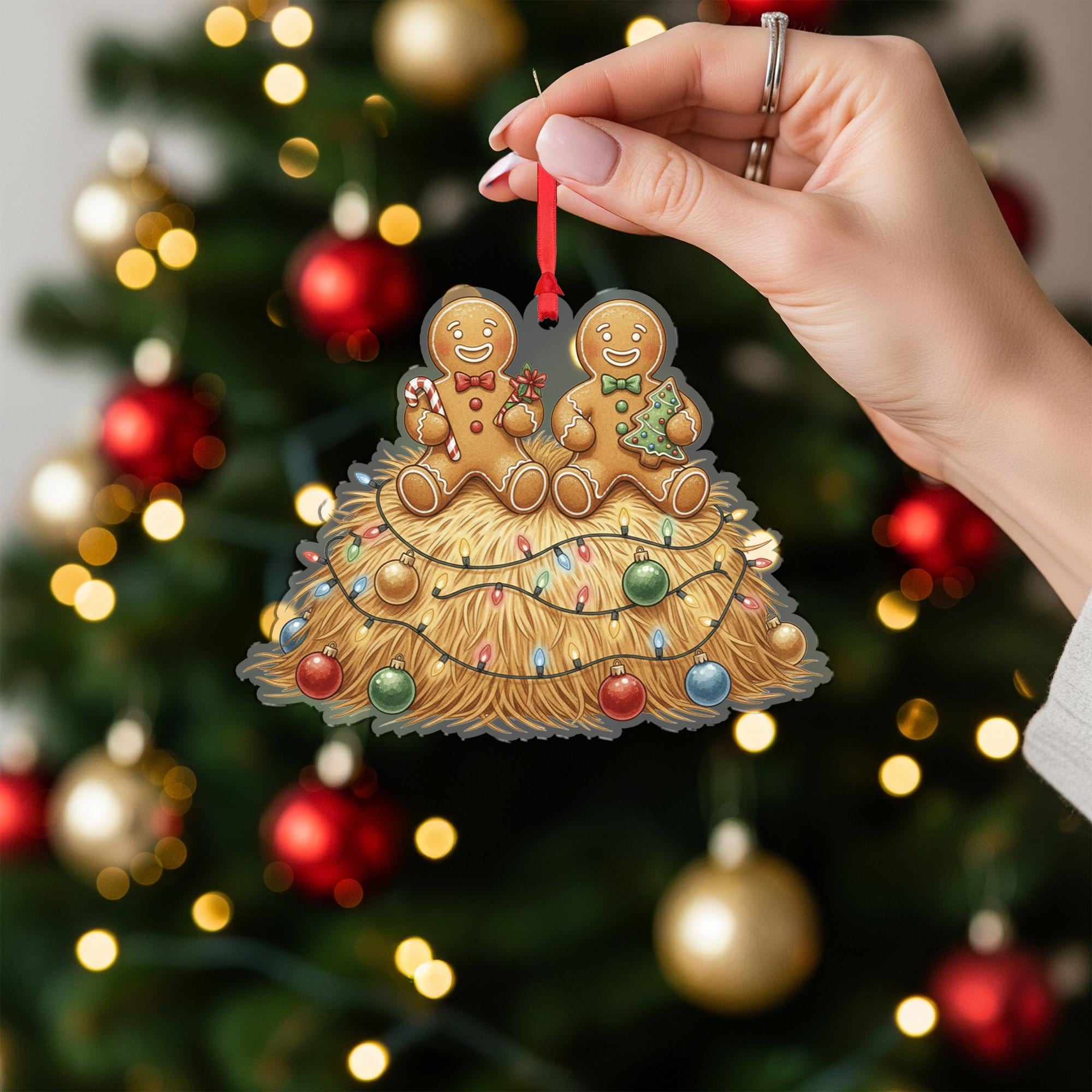 Gingerbread Couple Ornament, Christmas Tree Decoration with Hay Bale and Holiday Lights
