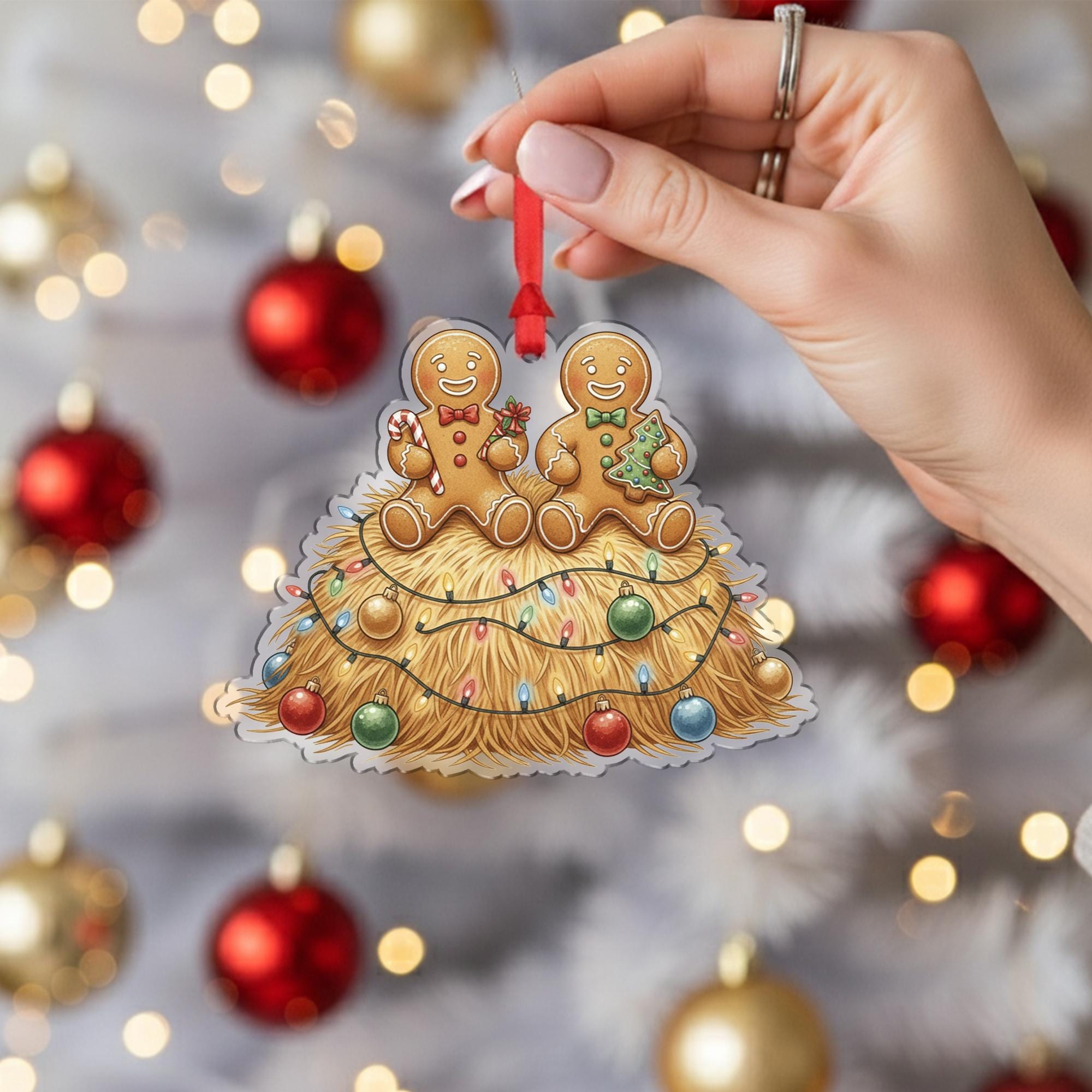 Gingerbread Couple Ornament, Christmas Tree Decoration with Hay Bale and Holiday Lights