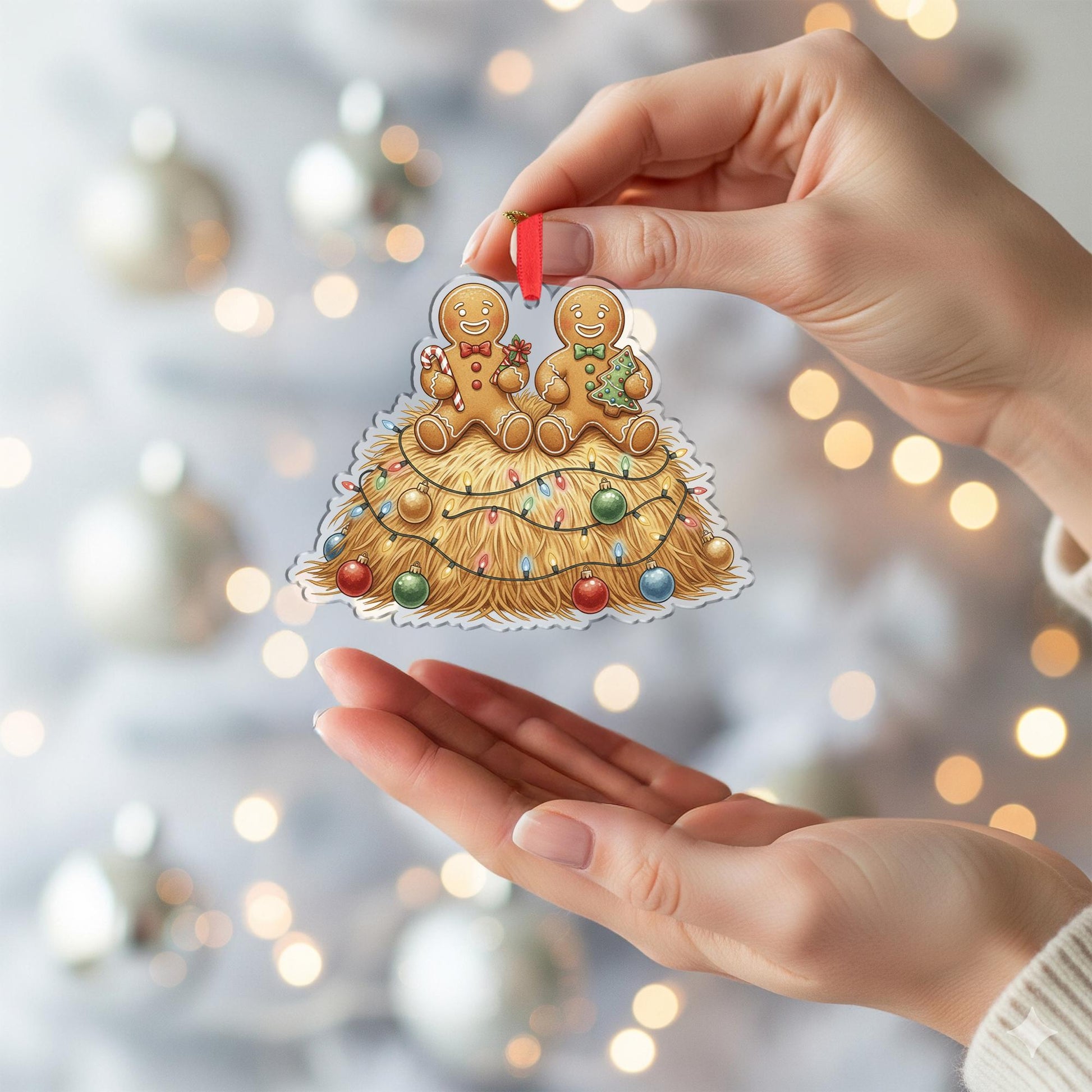 Gingerbread Couple Ornament, Christmas Tree Decoration with Hay Bale and Holiday Lights