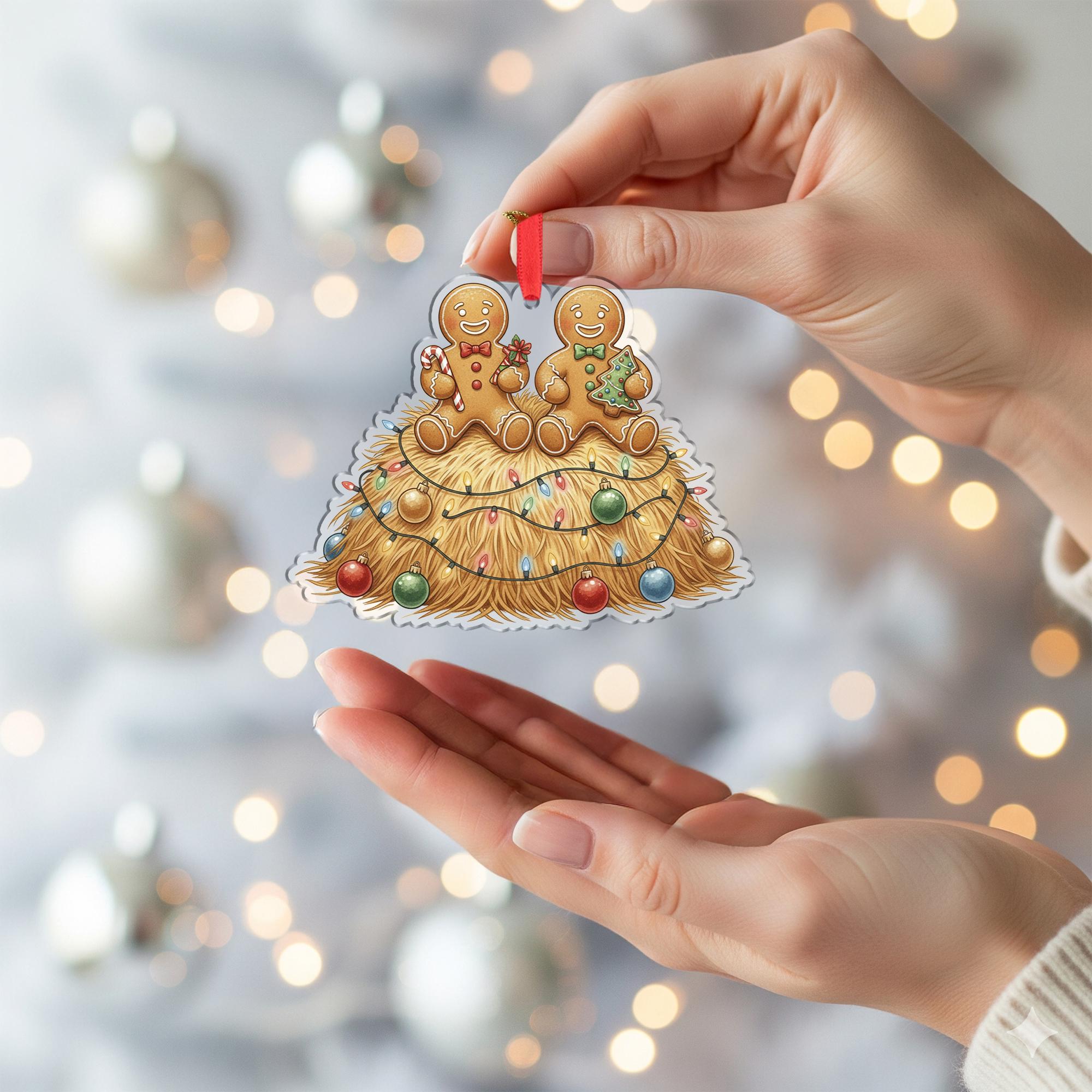 Gingerbread Couple Ornament, Christmas Tree Decoration with Hay Bale and Holiday Lights