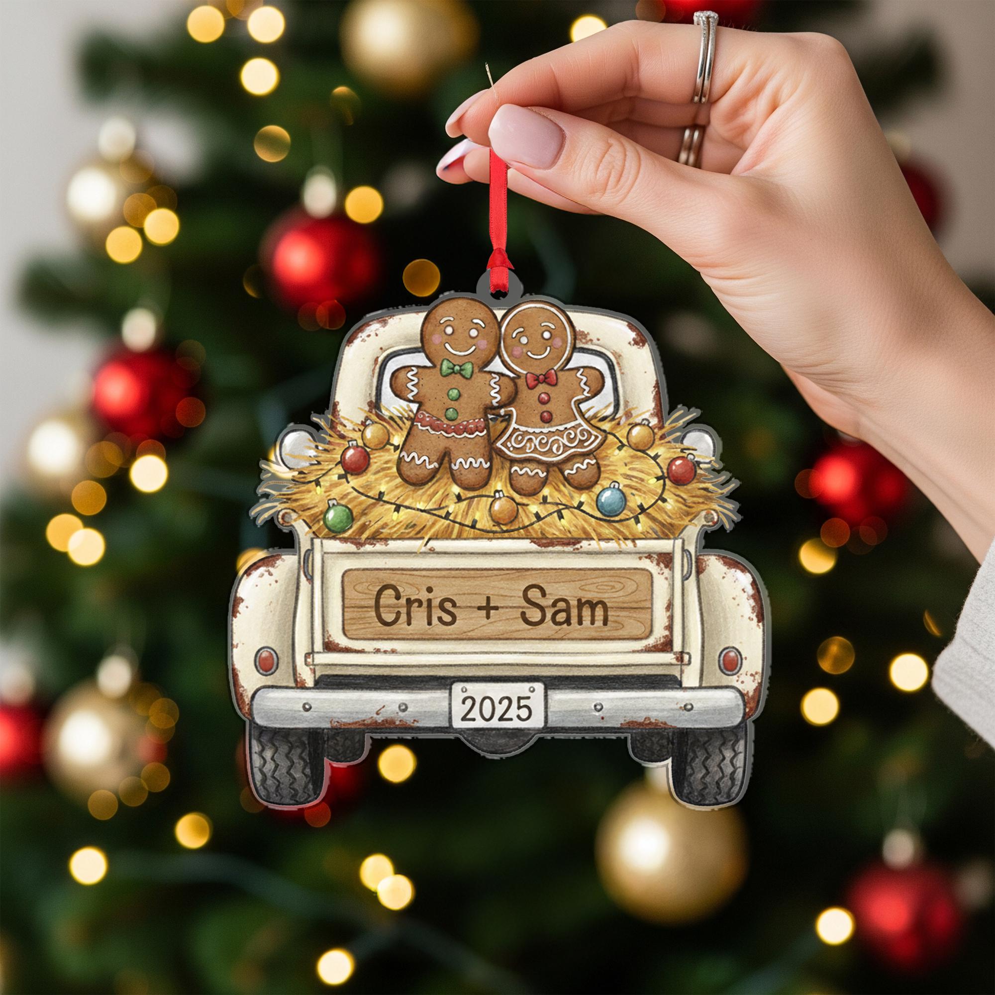 Personalized Gingerbread Truck Ornament, Custom Name Christmas Tree Decoration with Couple and Year