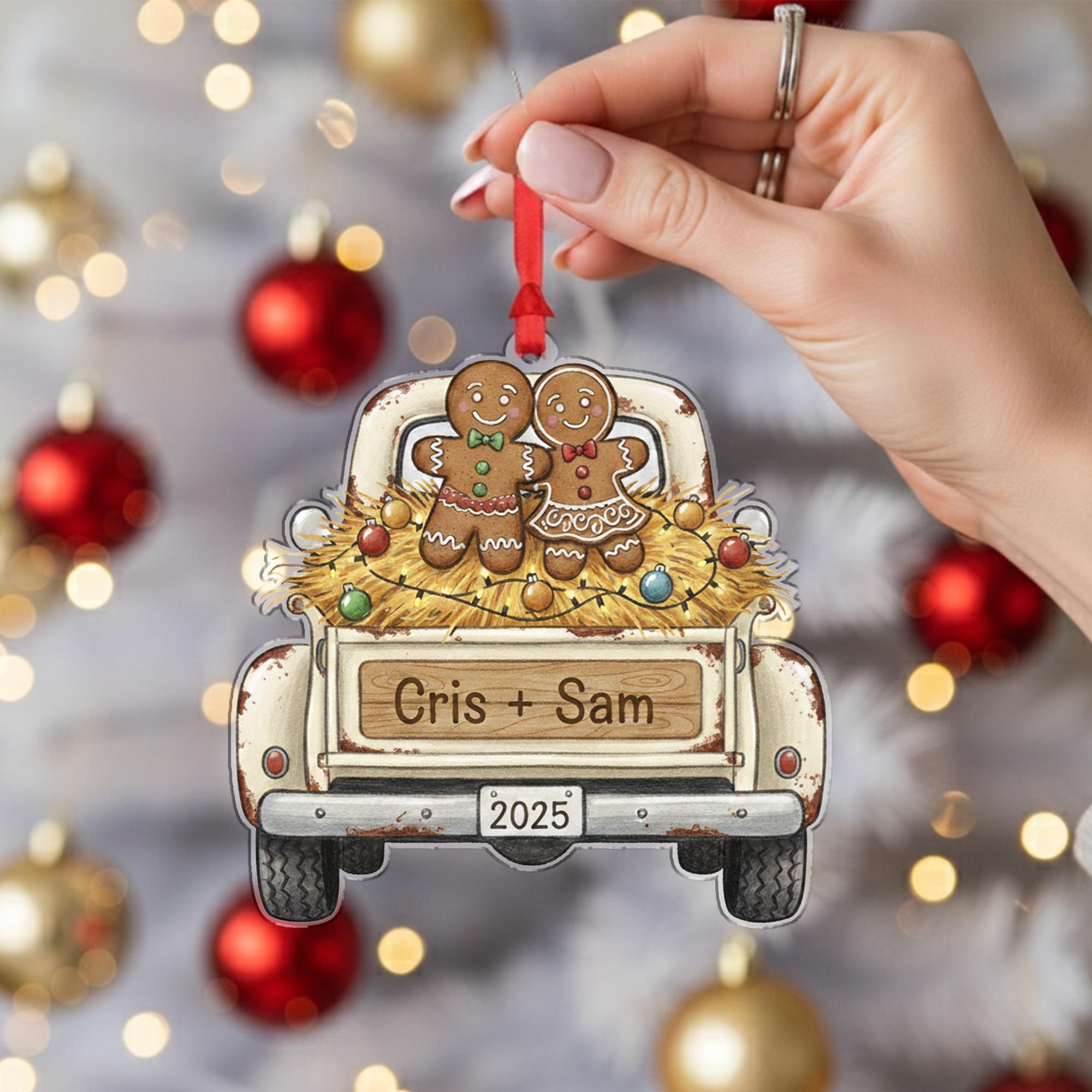 Personalized Gingerbread Truck Ornament, Custom Name Christmas Tree Decoration with Couple and Year