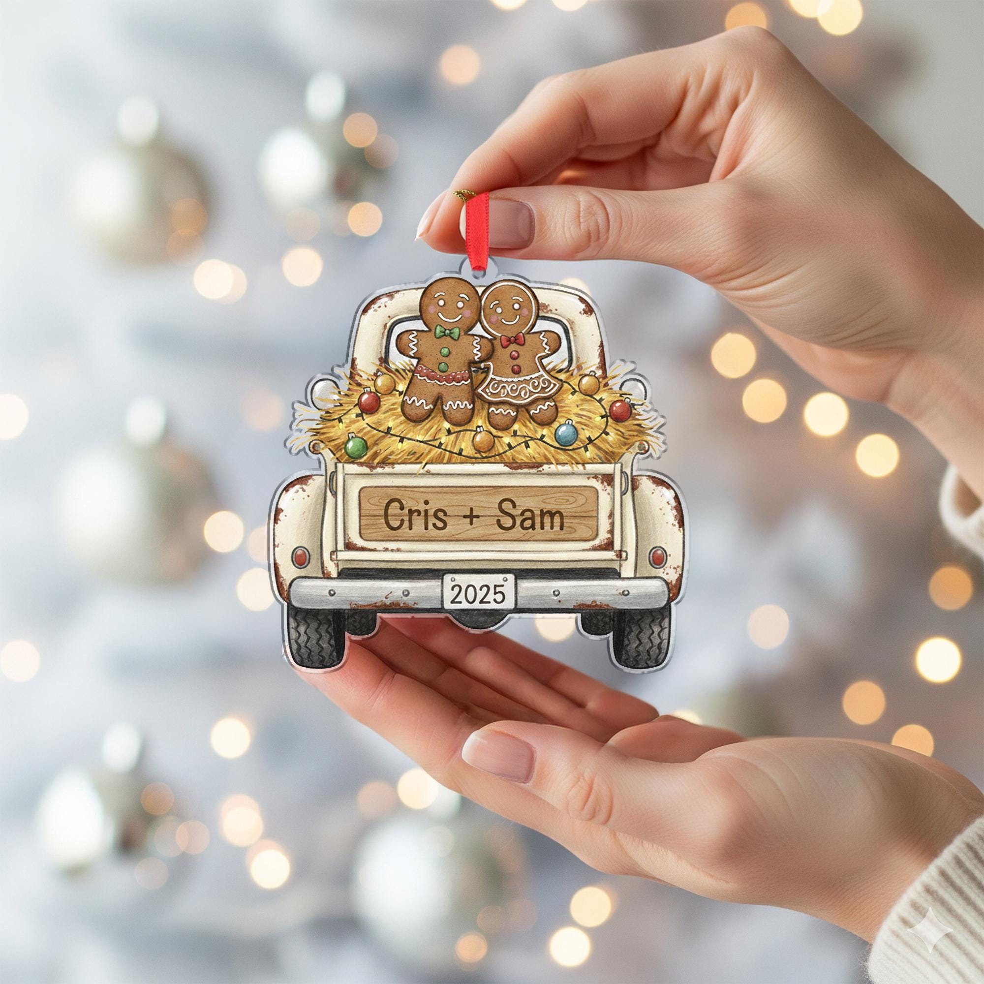 Personalized Gingerbread Truck Ornament, Custom Name Christmas Tree Decoration with Couple and Year